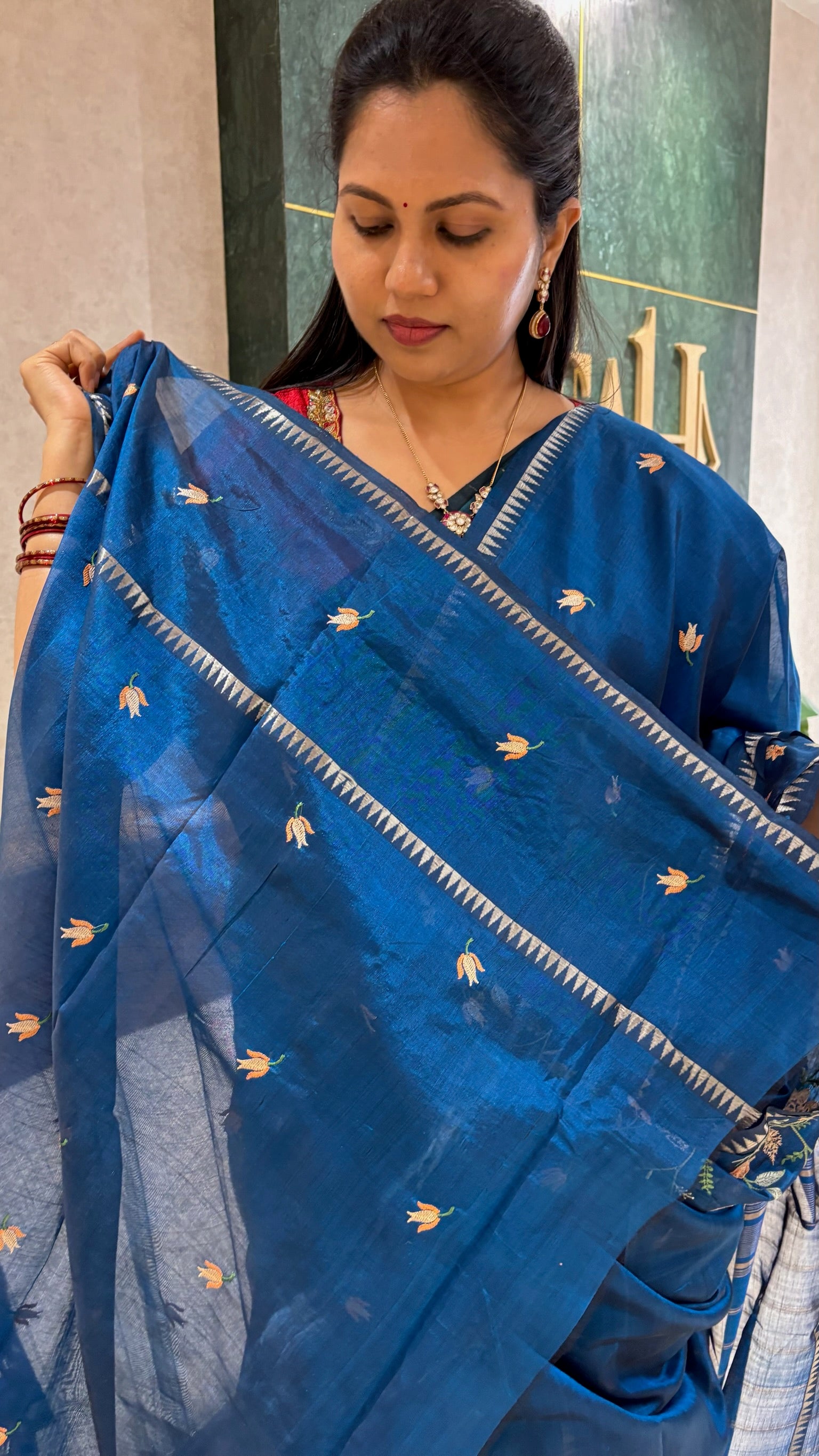 Mangalagiri pattu embroidery peacock blue