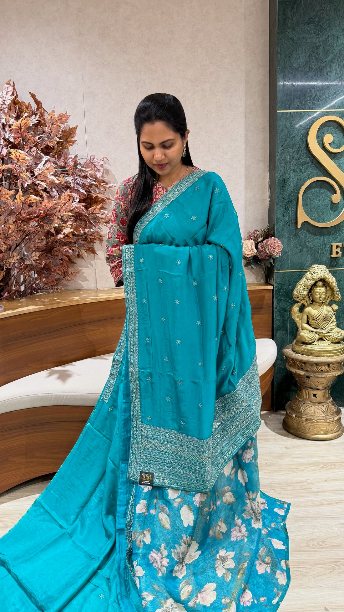 Chinnon crepe work saree sea blue