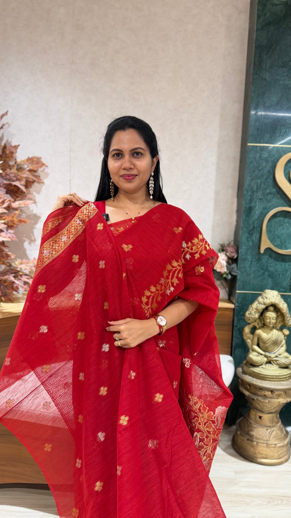 Red linen saree