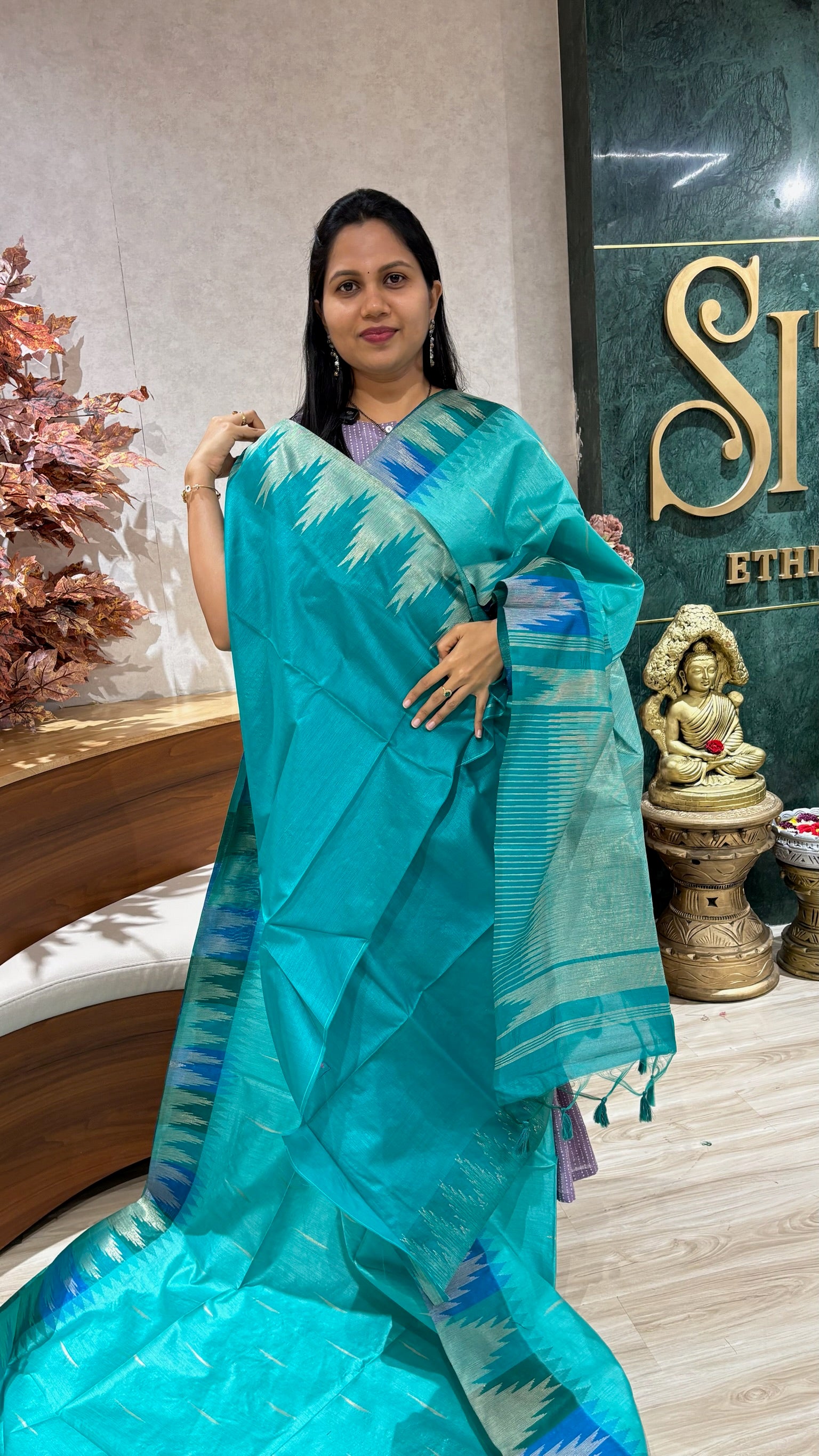 Fancy tussar temple border sea blue