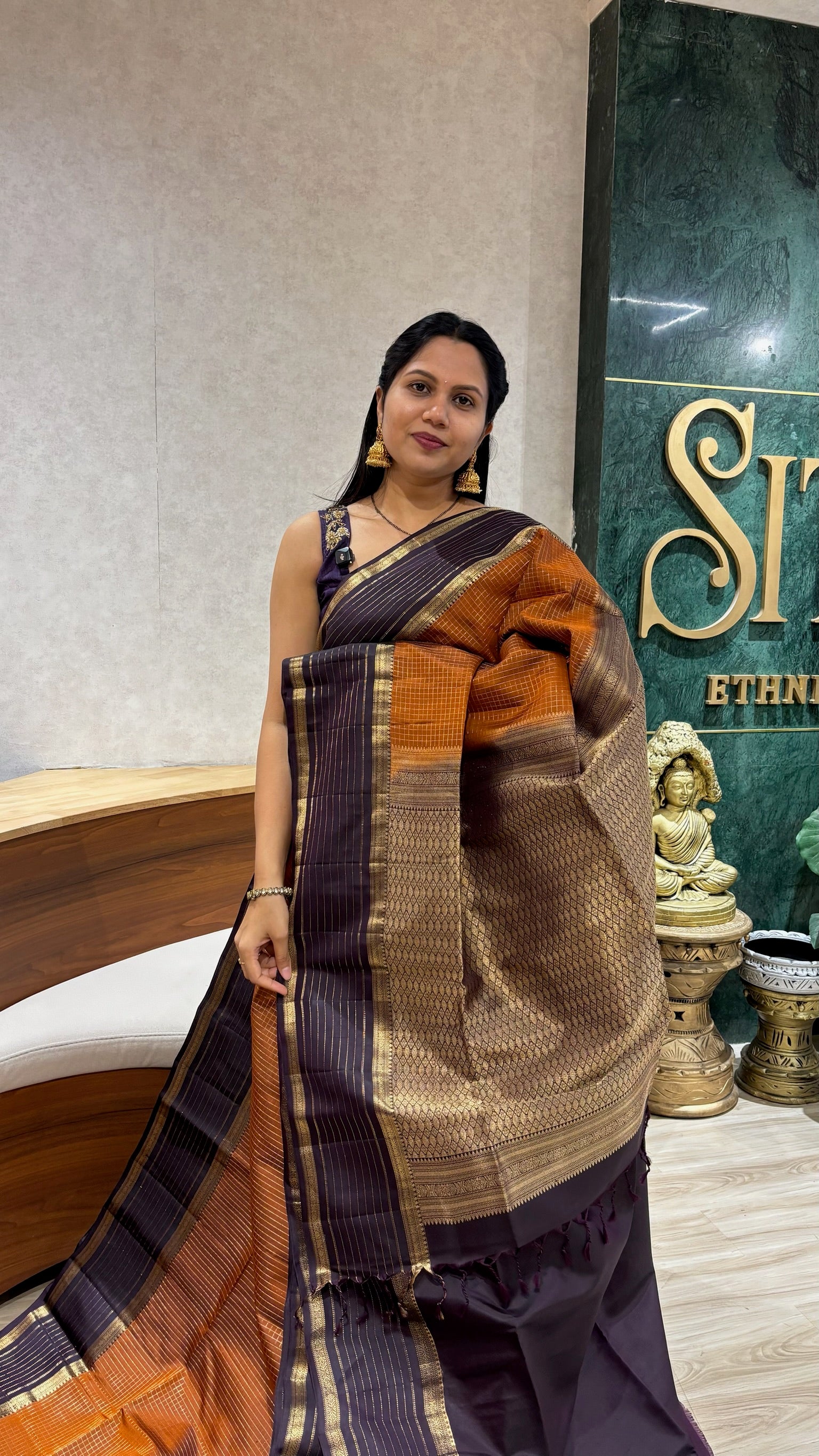 Light weight handloom Kanchi pattu rust orange