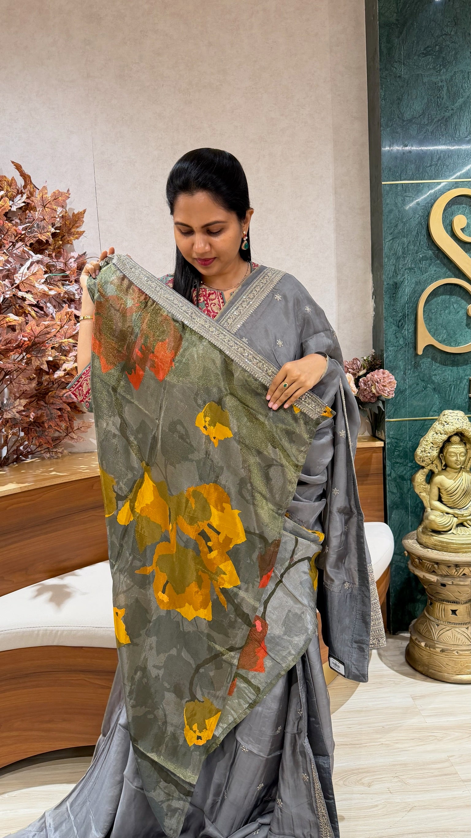 Chinnon crepe work saree grey
