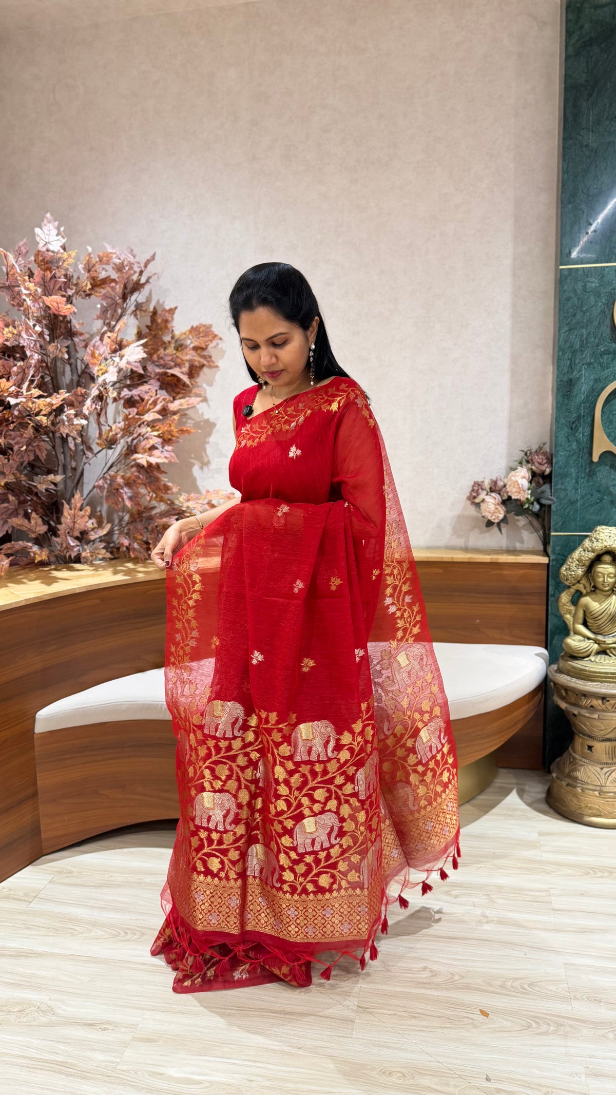 Red linen saree