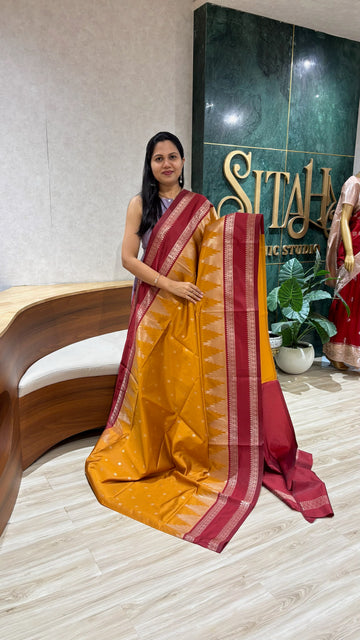 Fancy silk temple border yellow-maroon