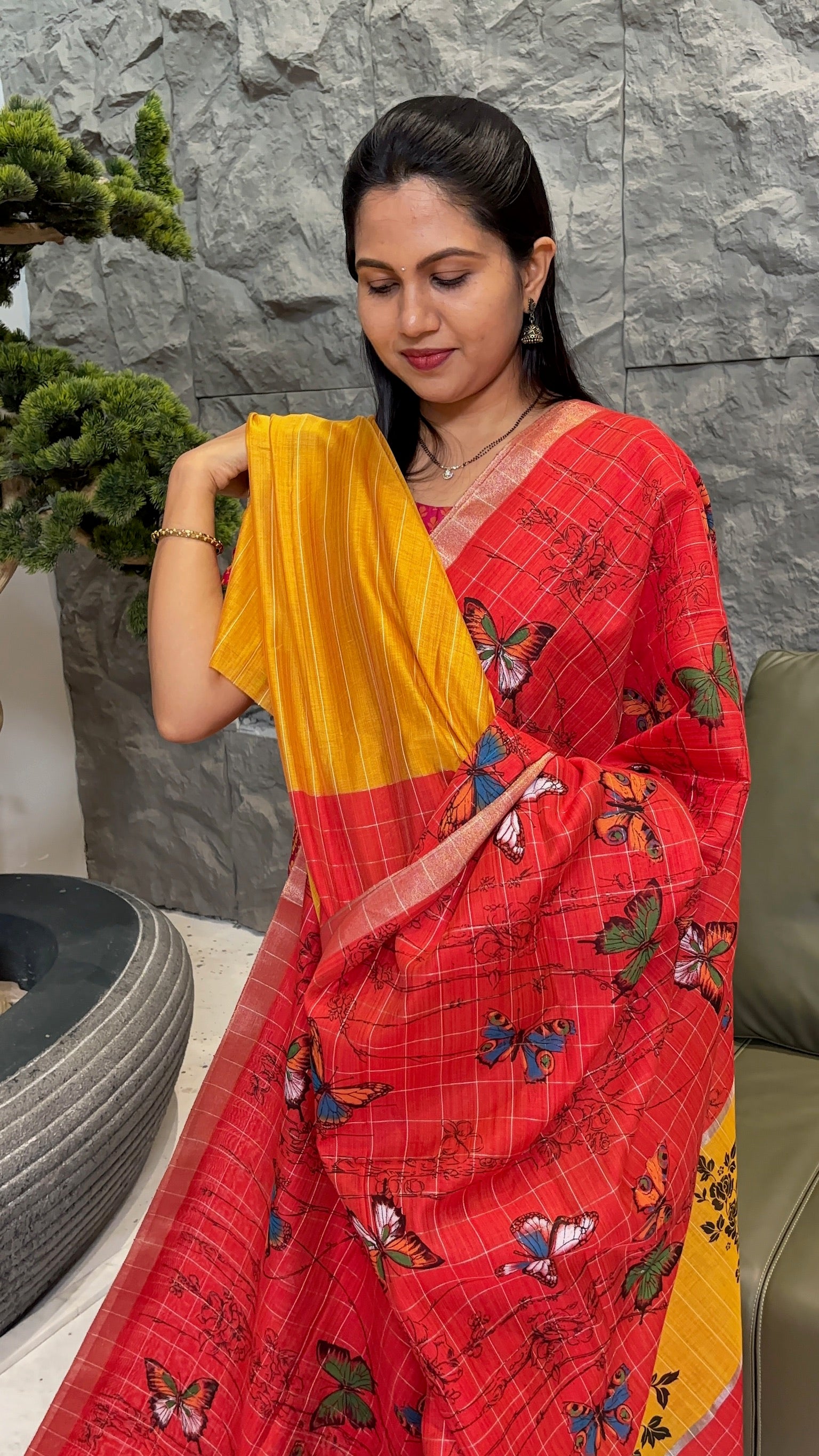 Tussar prints orange yellow