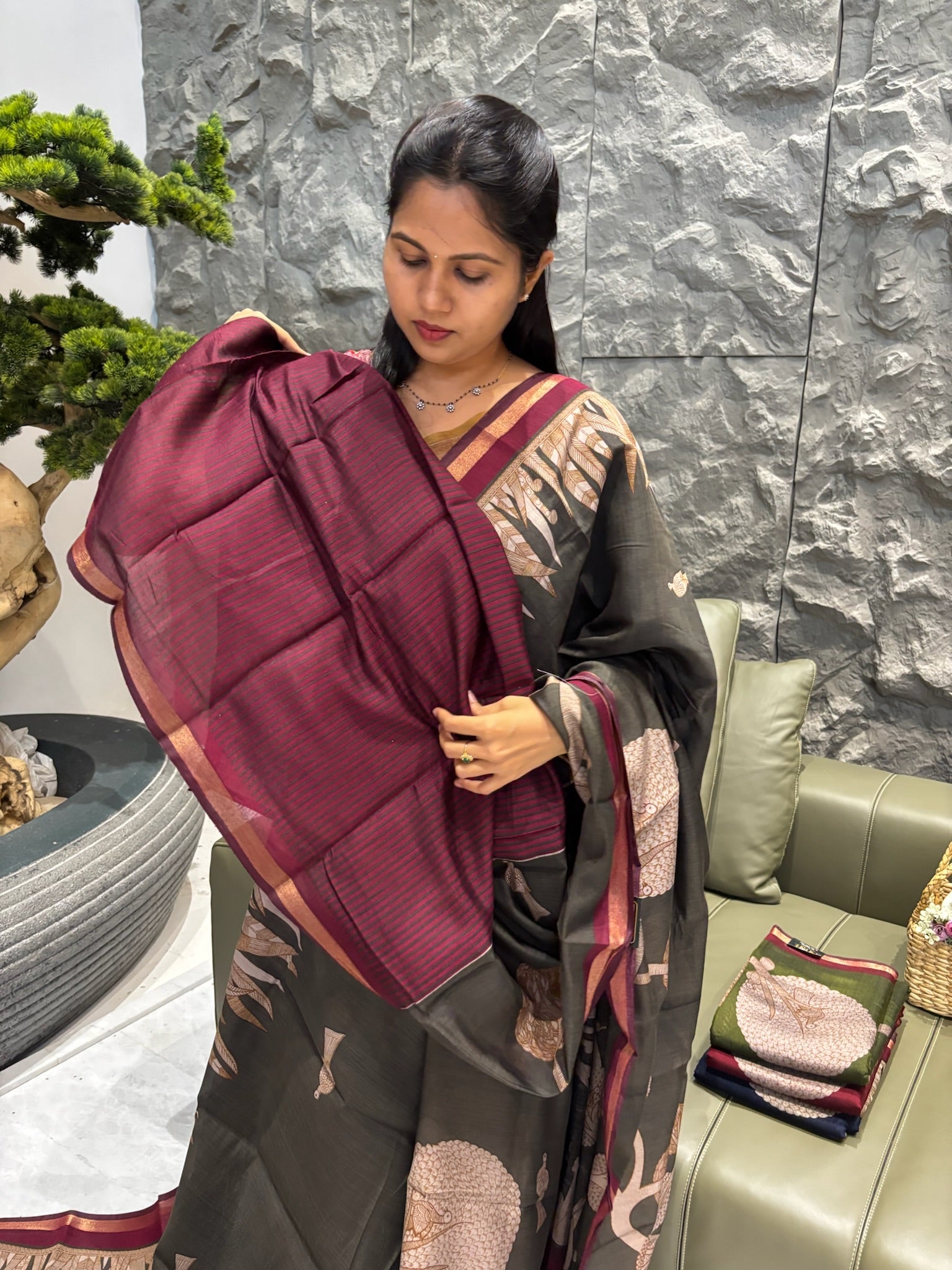 Grey+green fancy saree