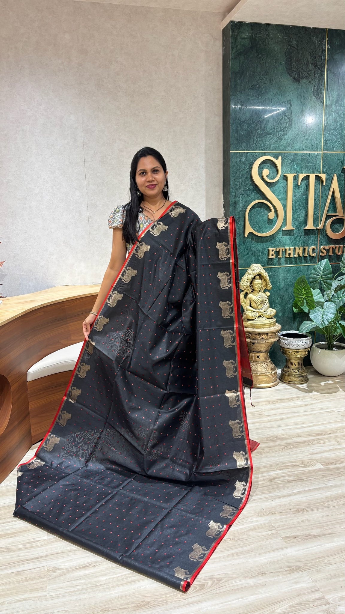 Tussar designed cow buti- black