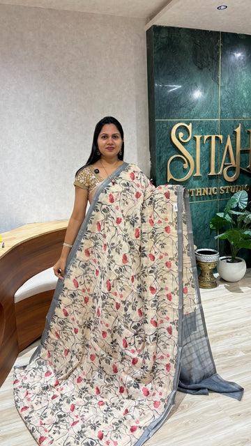 Casual printed tussar saree grey
