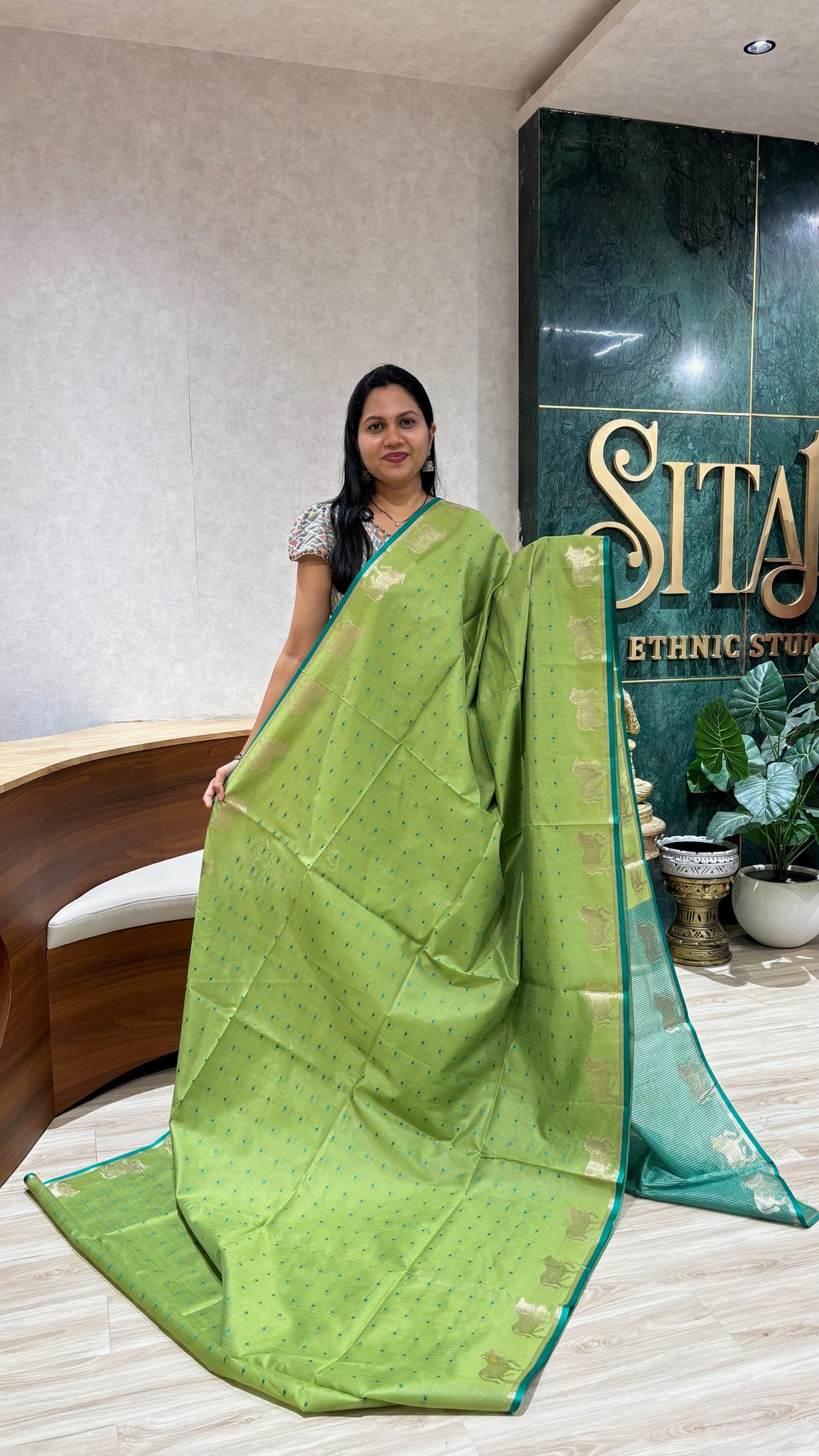 Tussar design cow buti -green