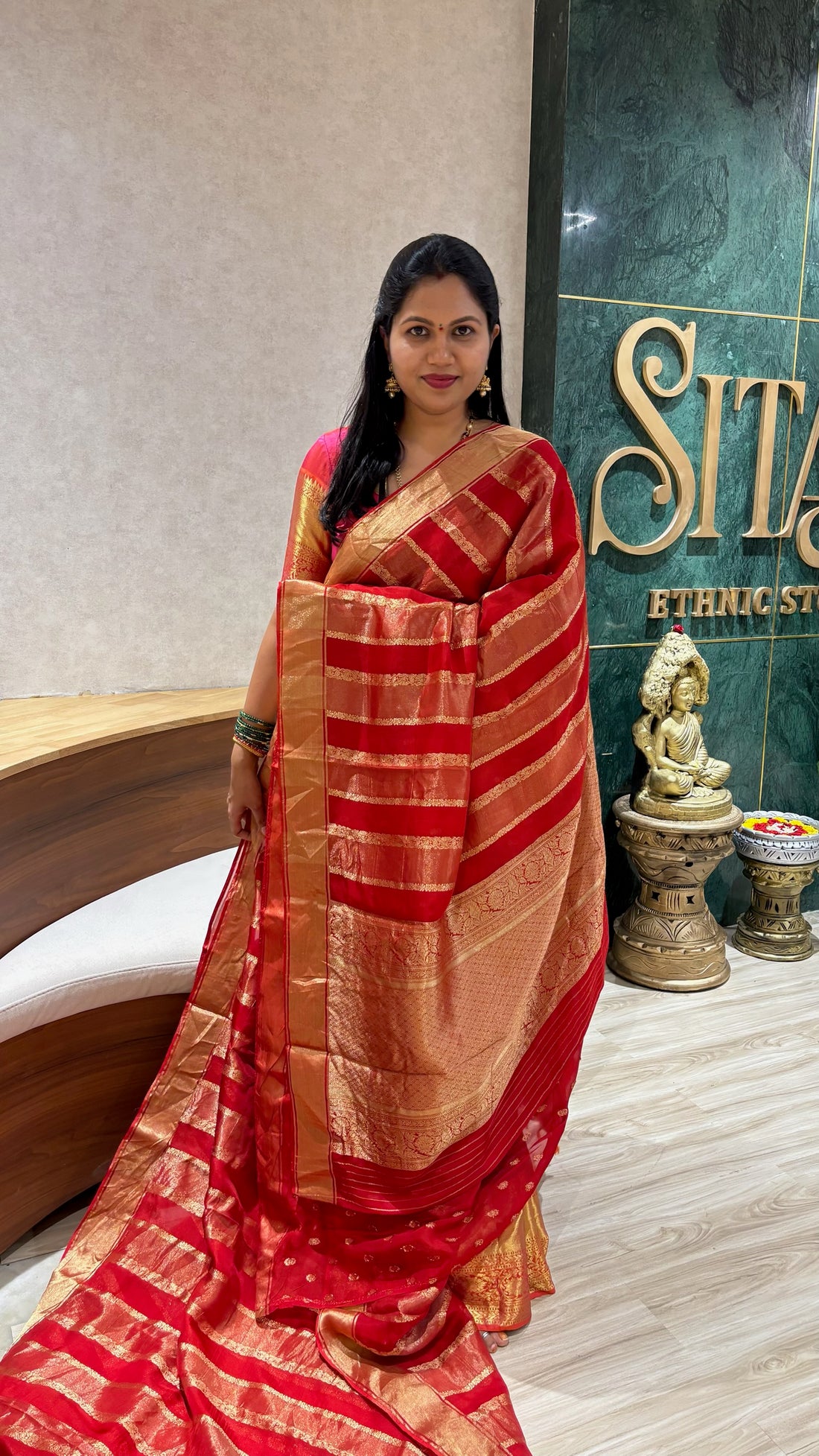 Red crepe organza saree