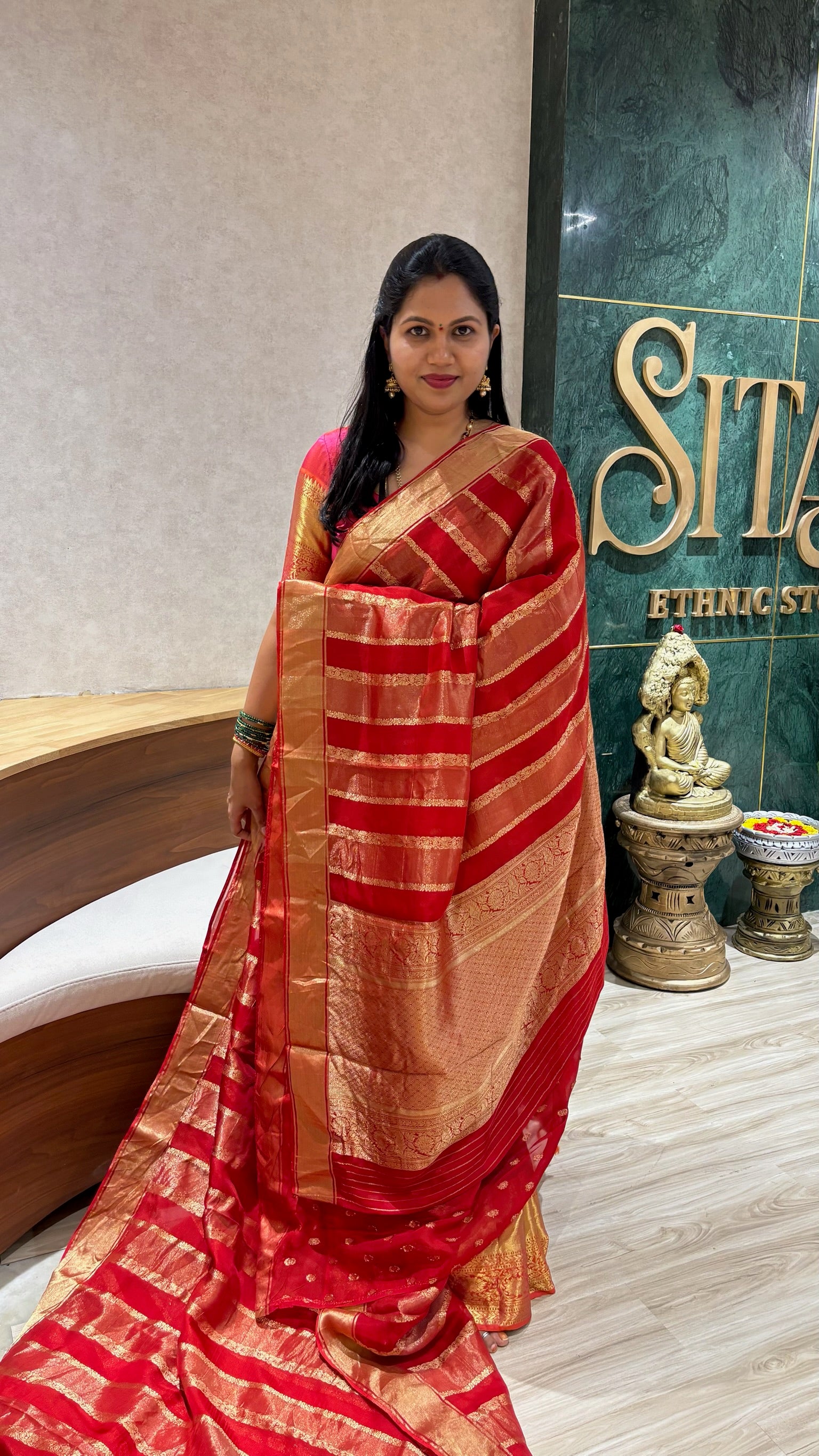 Red crepe organza saree