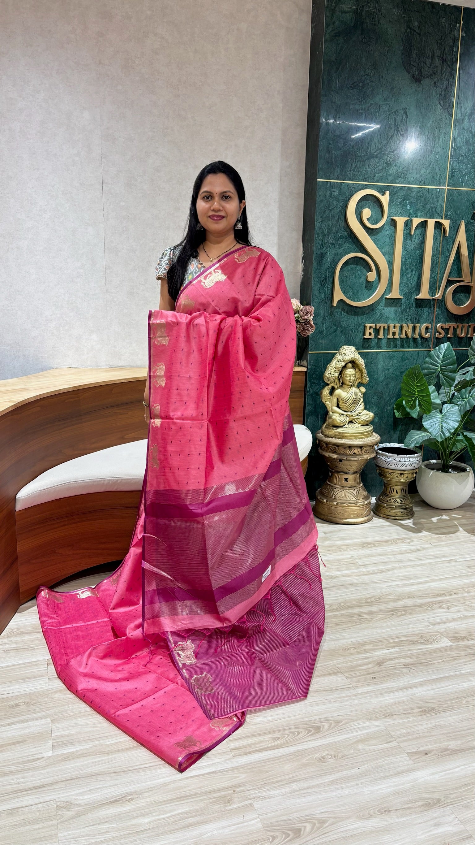 Tussar design cow buti-pink