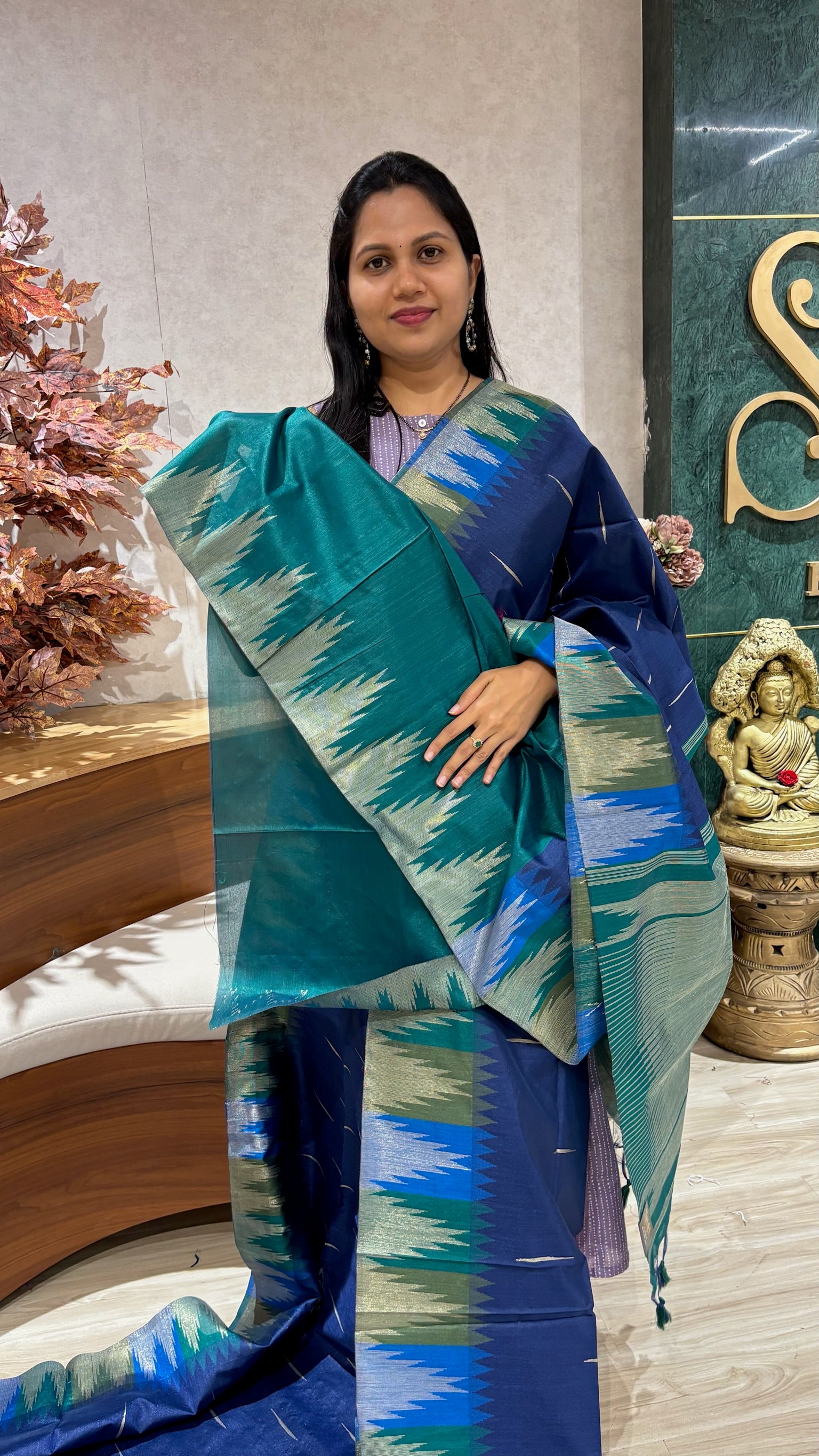 Fancy tussar temple border blue