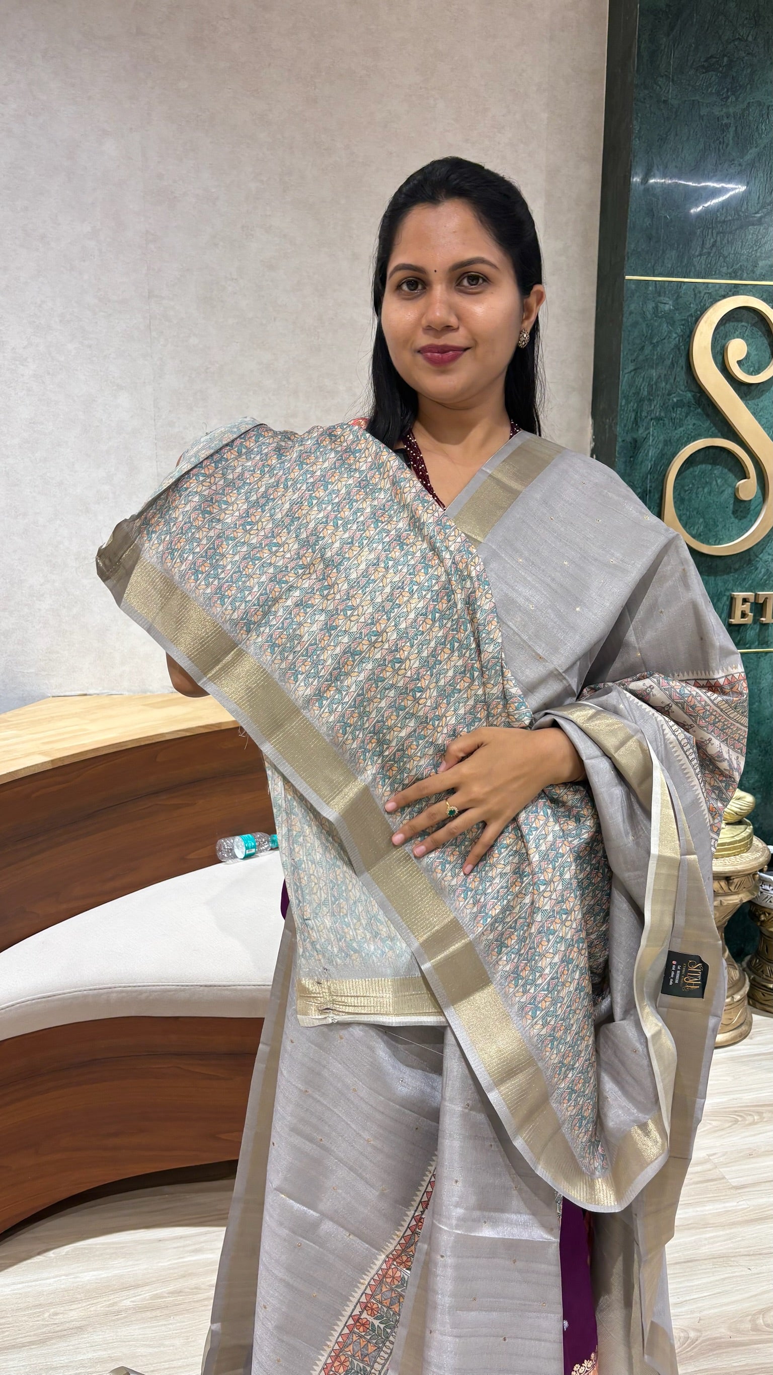 Madhubani printed tussur saree grey