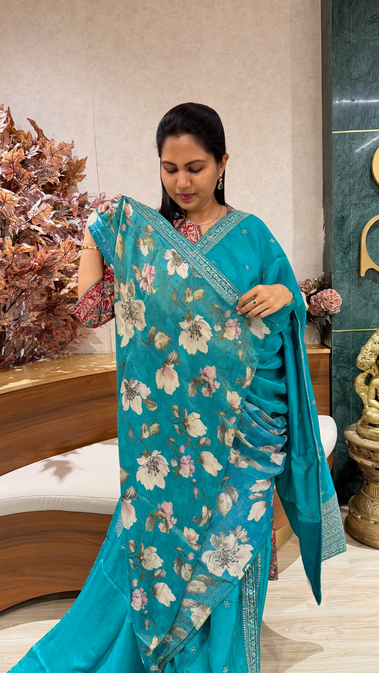 Chinnon crepe work saree sea blue