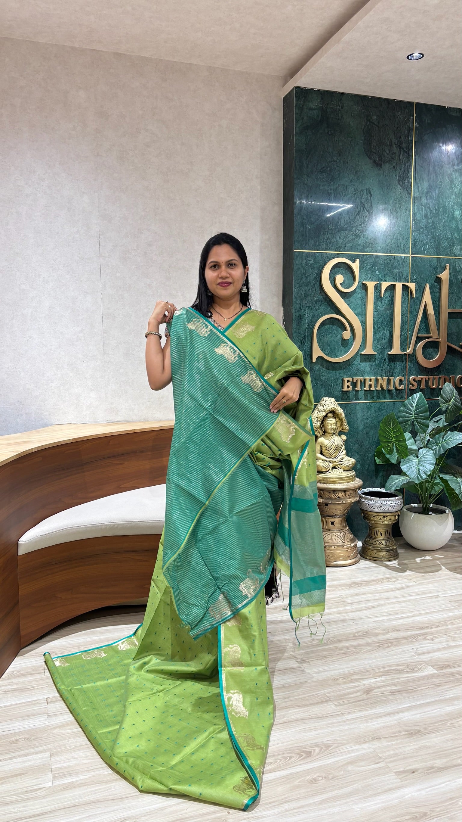 Tussar design cow buti -green