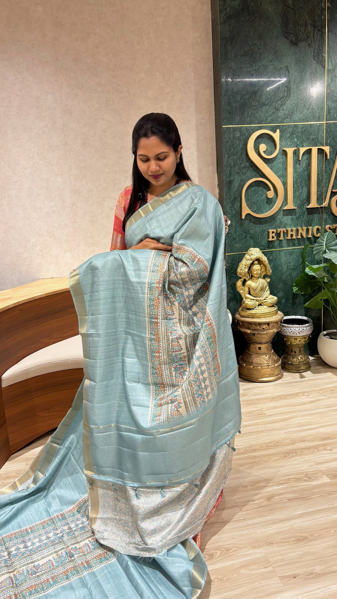 Madhubani printed tussur saree light blue