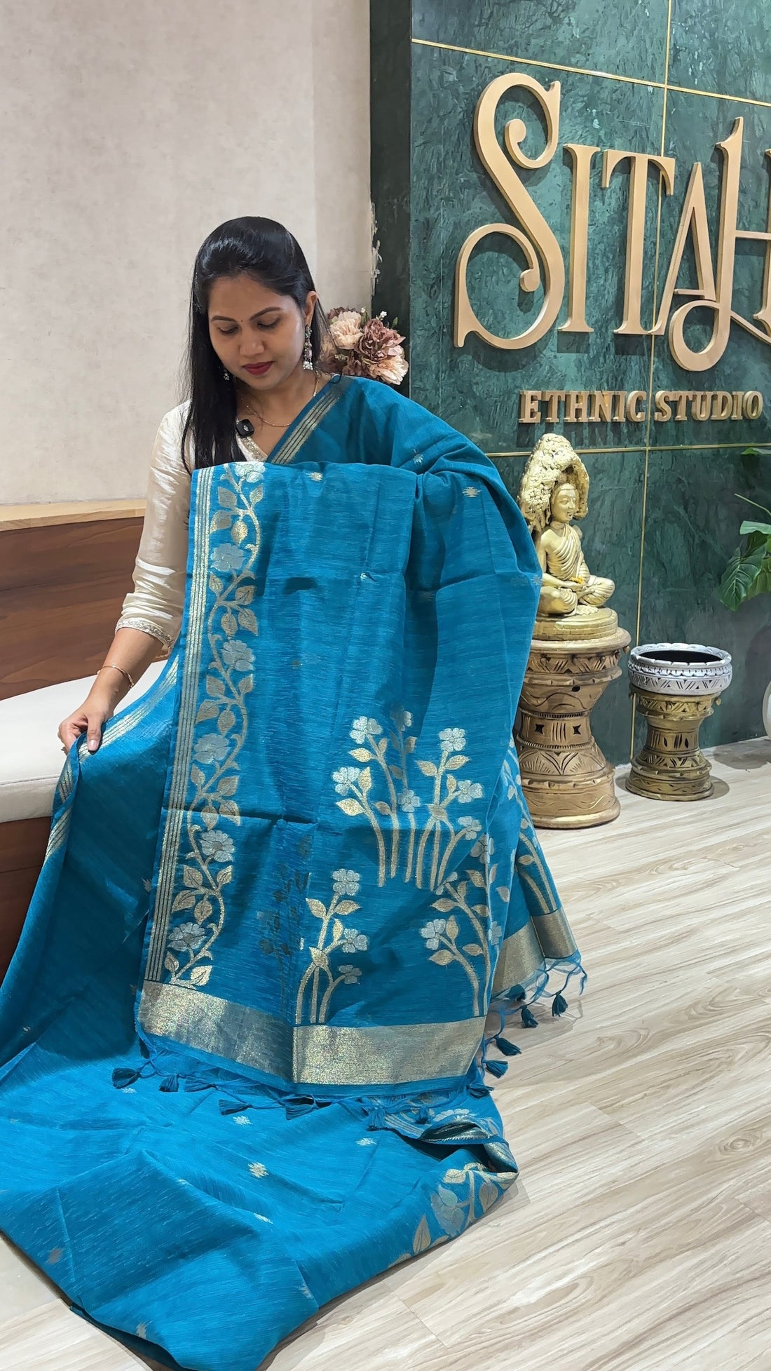Linen tussar jhamdani rama blue