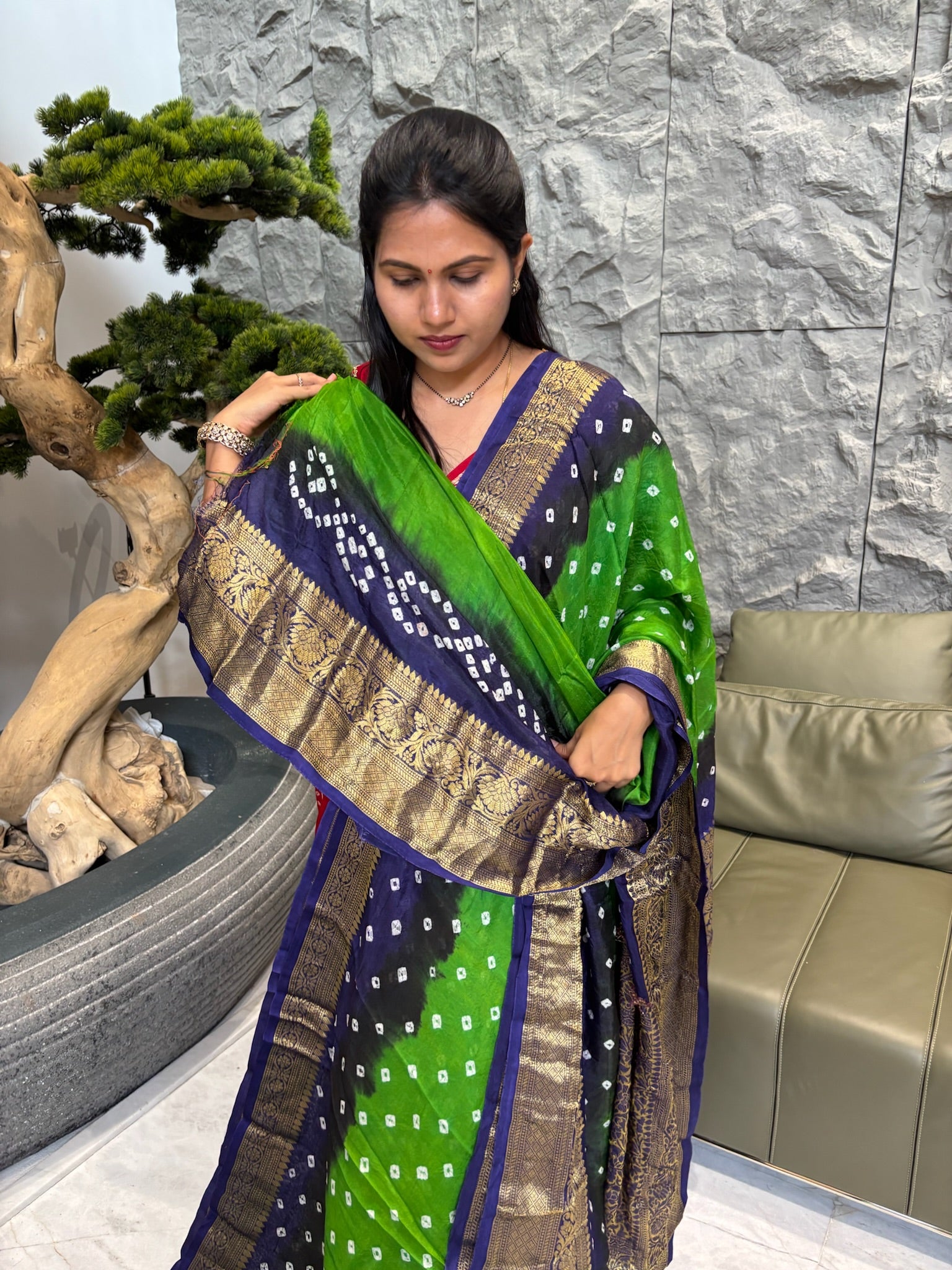 Green with blue bhandini sarees