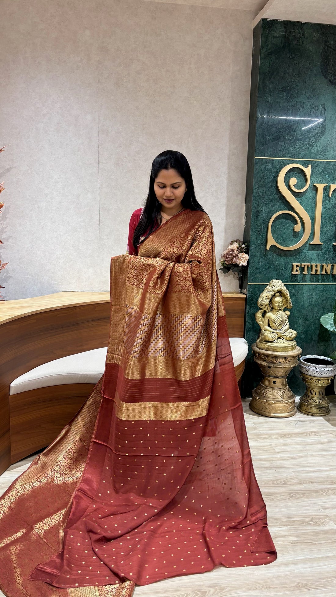 Crepe brocade silk brown