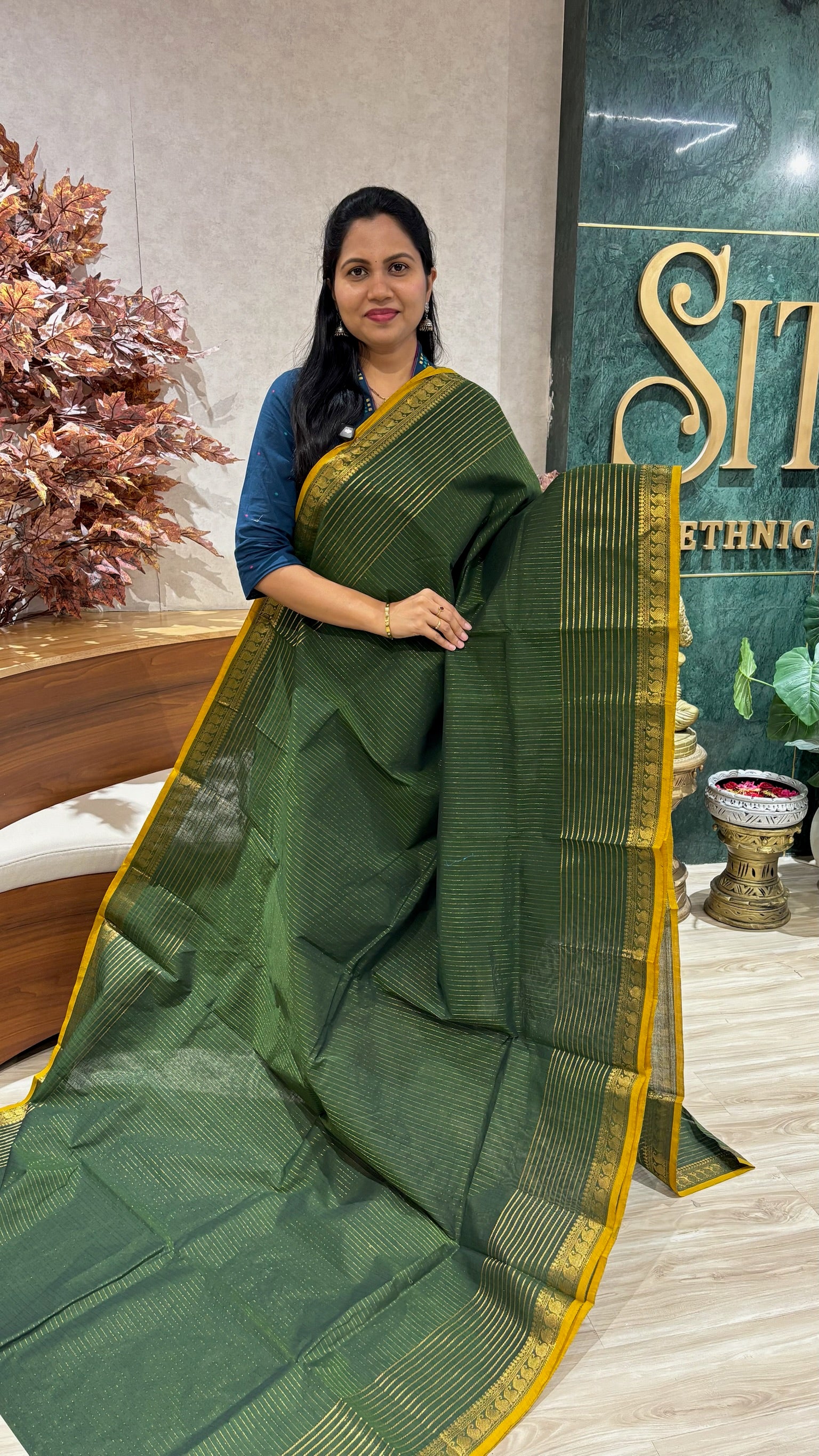Kanchi cotton with running blouse -bottle green