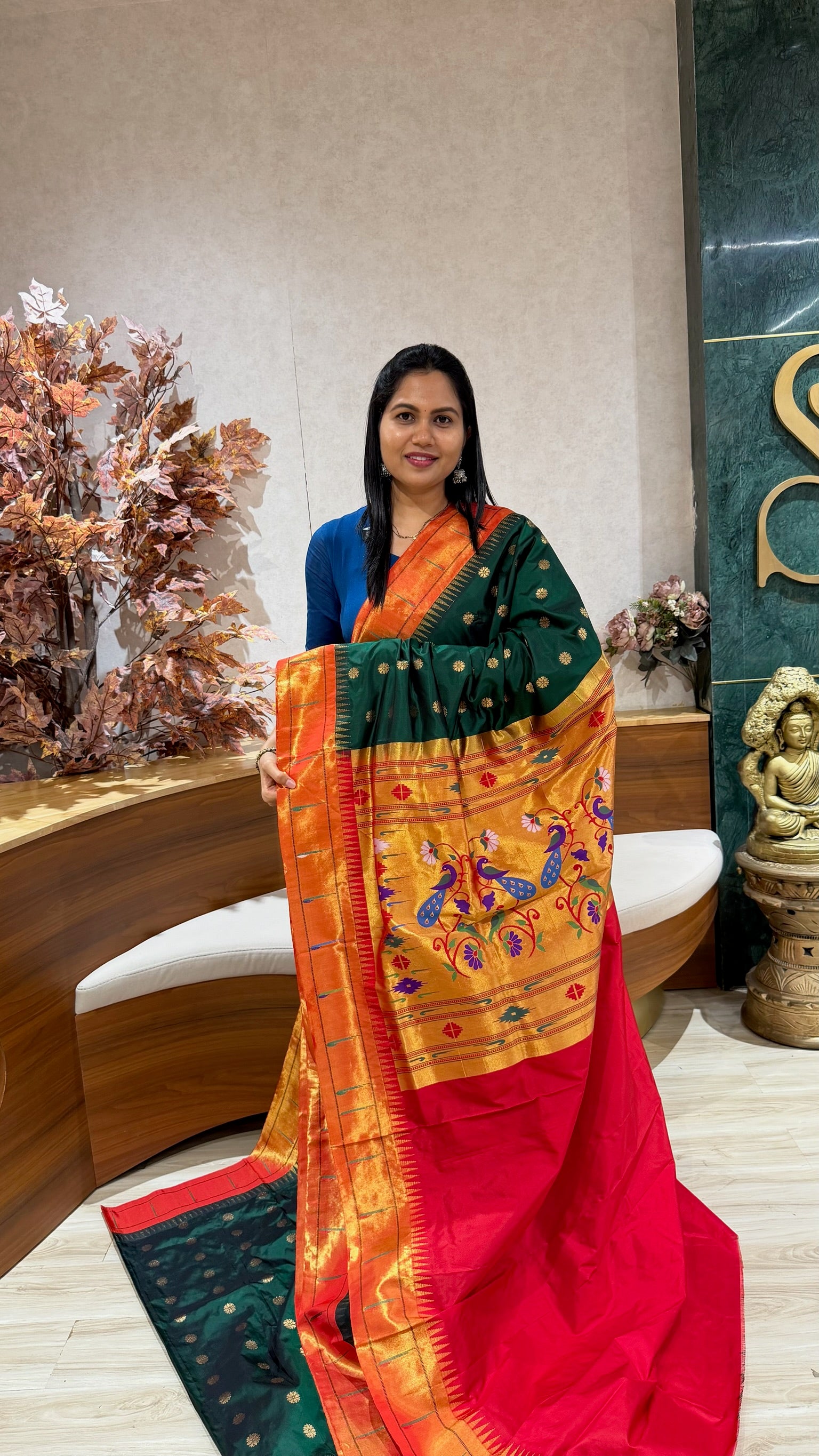Pure silk paithani dark bottle green