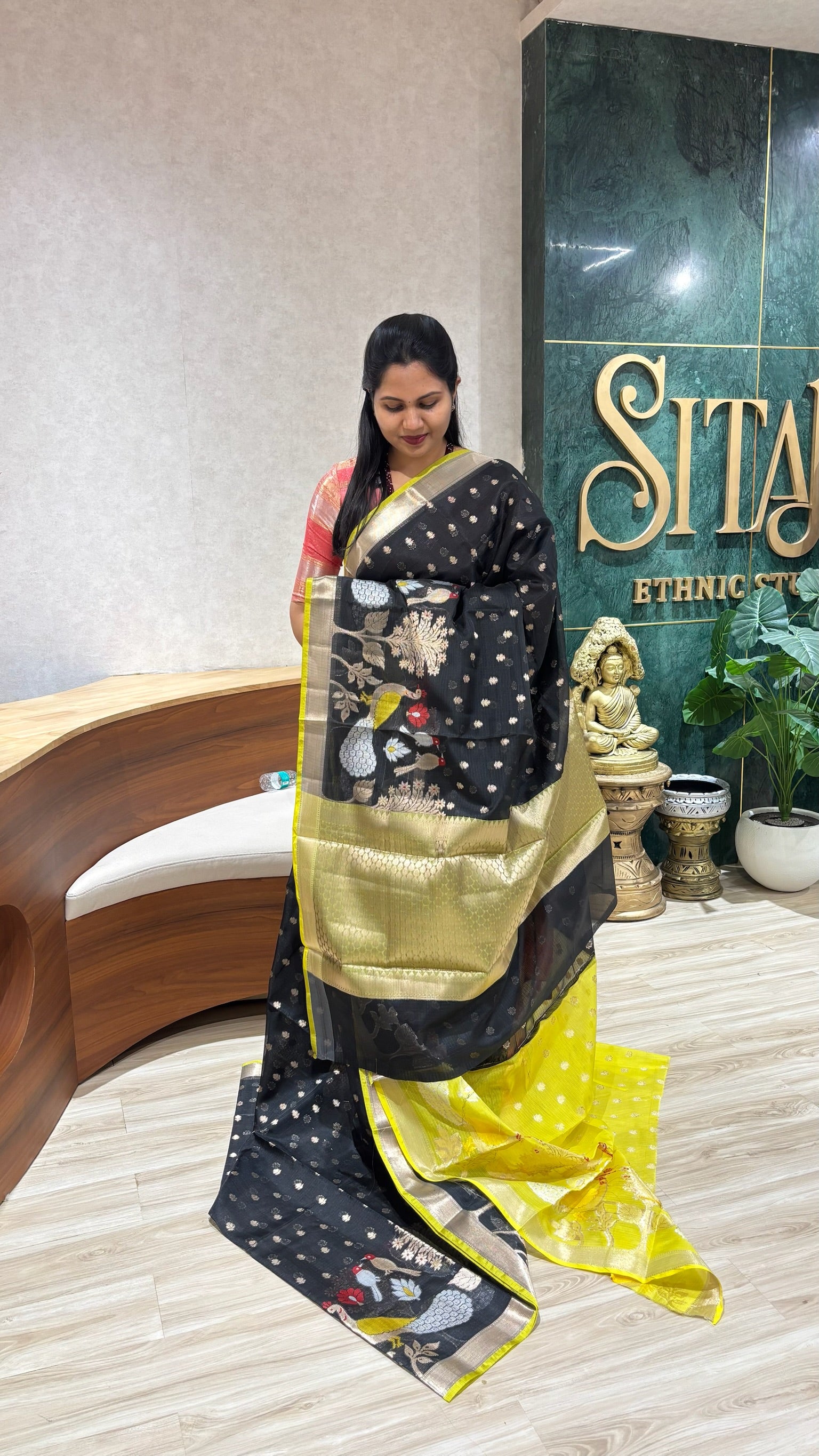 Silk kota saree black yellow