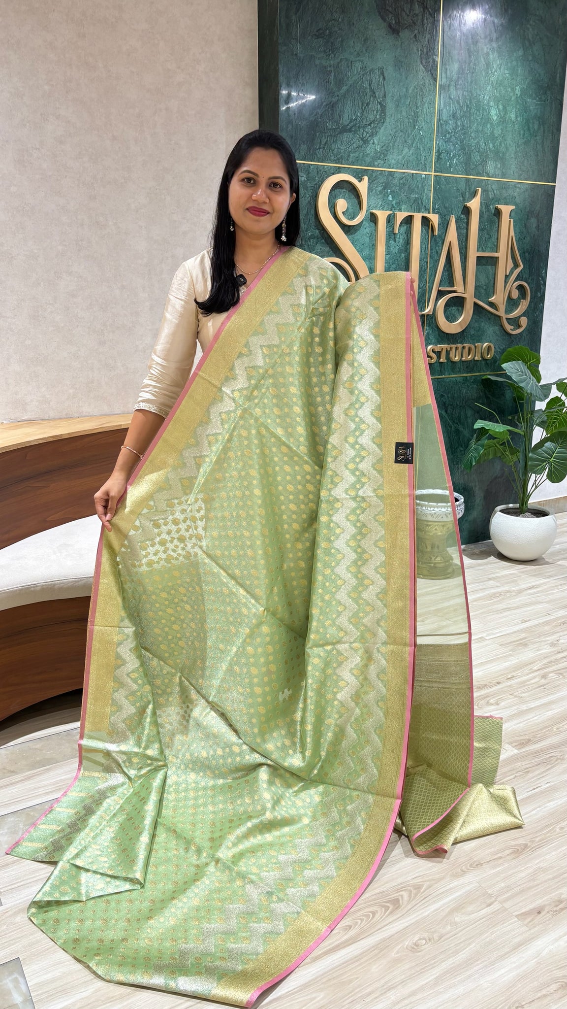 Tissue saree pista shade