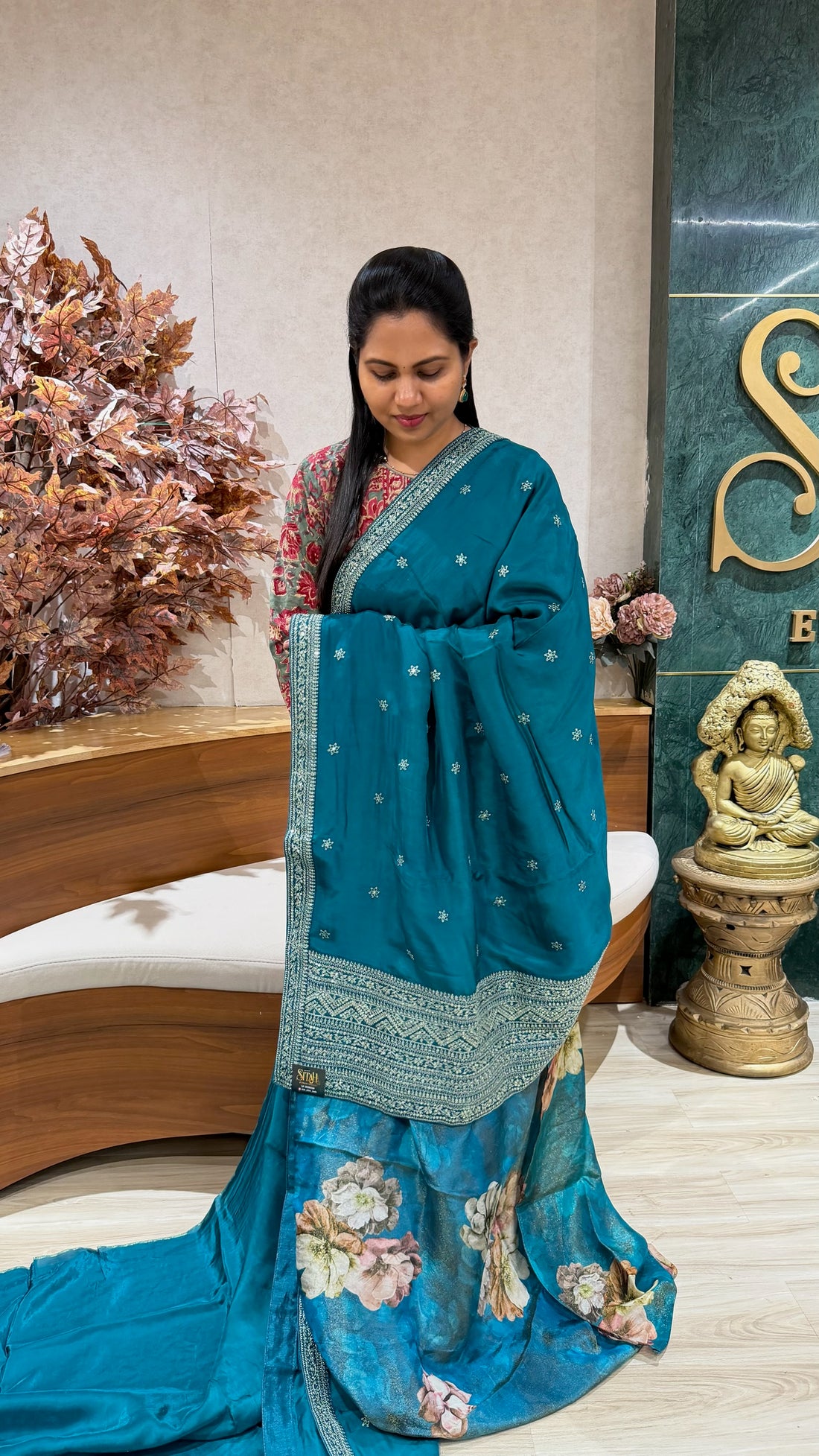 Chinnon crepe work saree tealblue