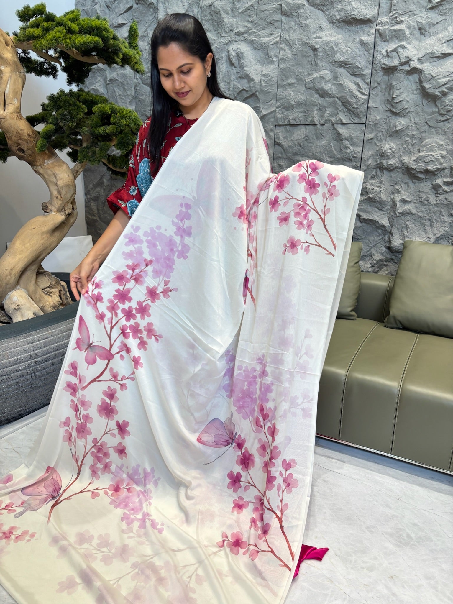 Pure georgette white-pink Jabili