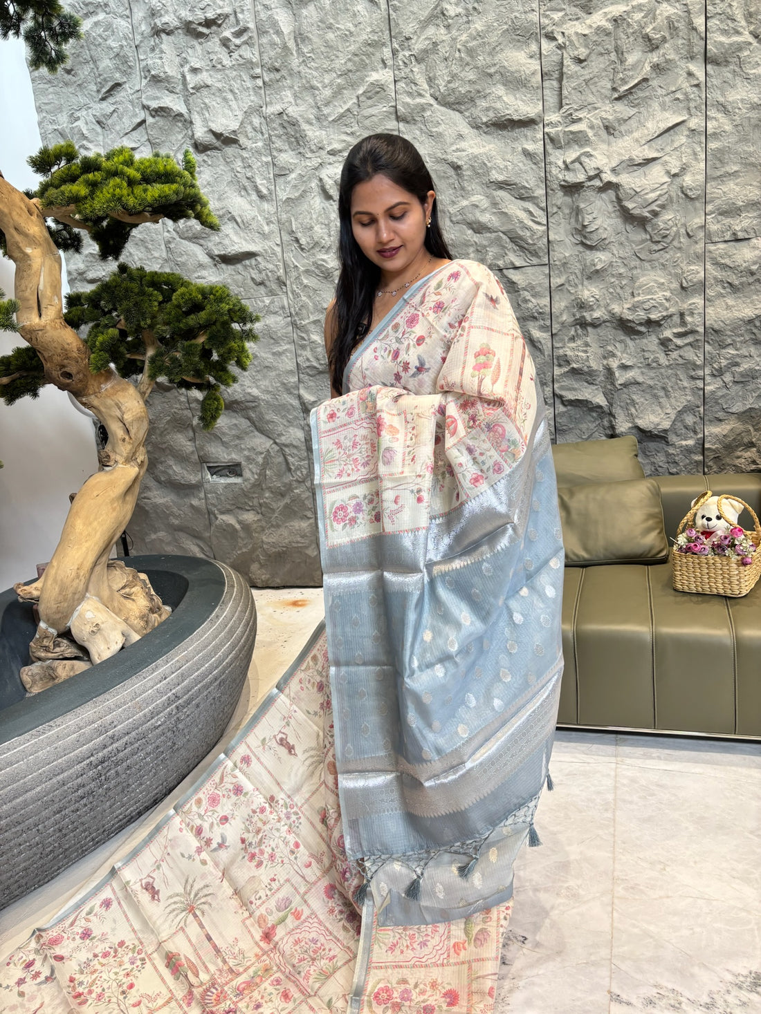 Cream blue kota saree