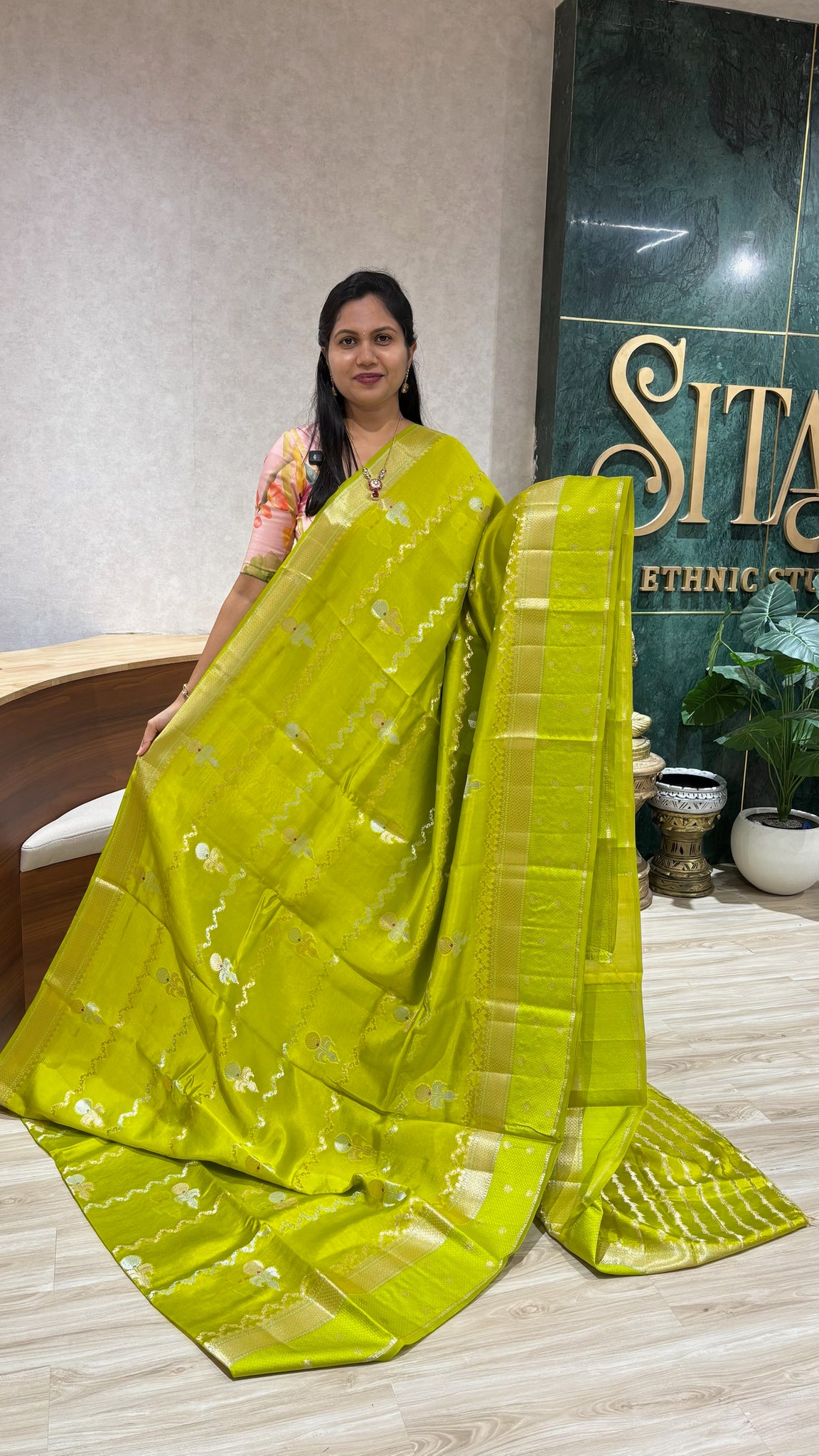 Pure Chanderi saree parrot green