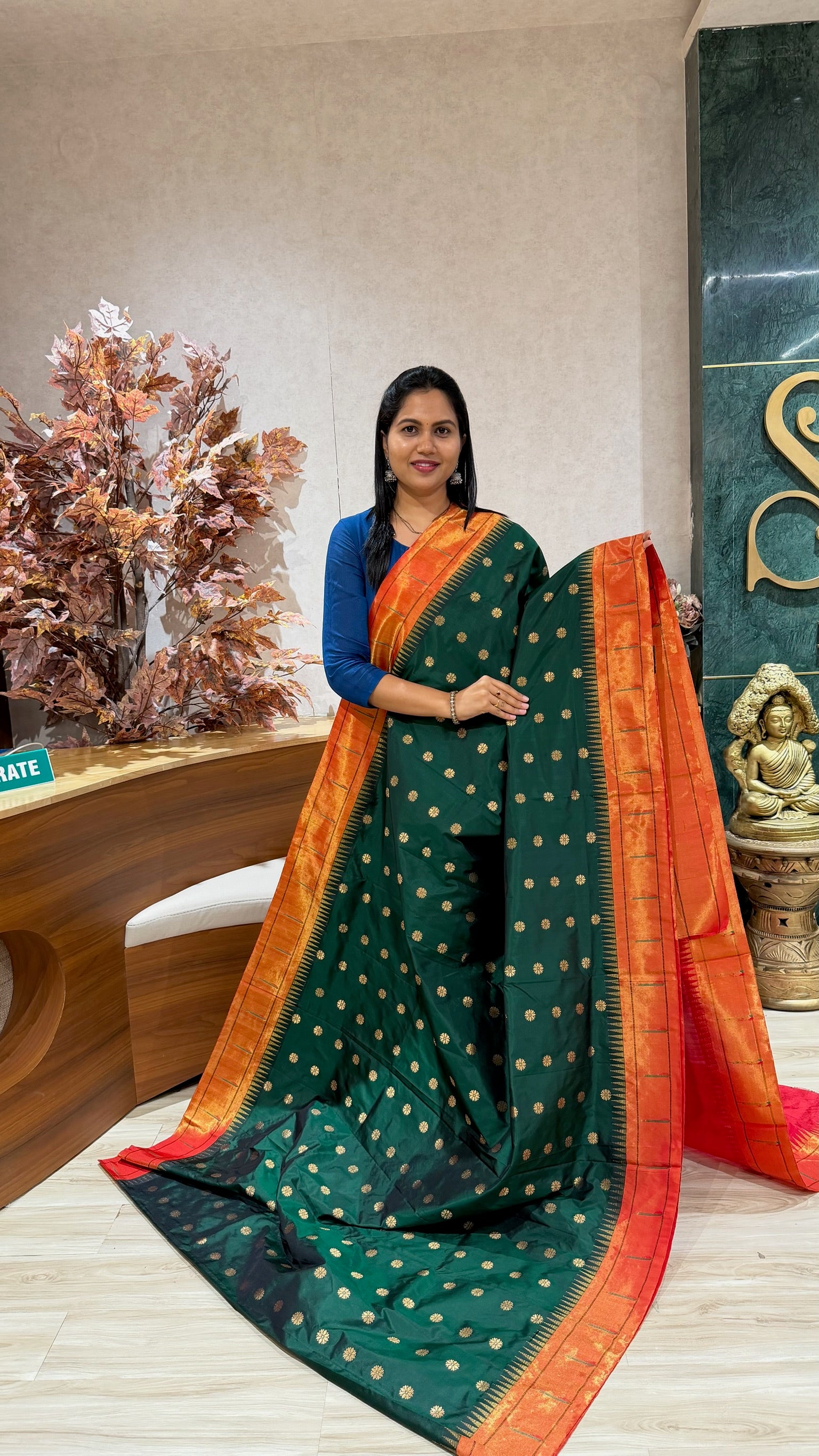 Pure silk paithani dark bottle green