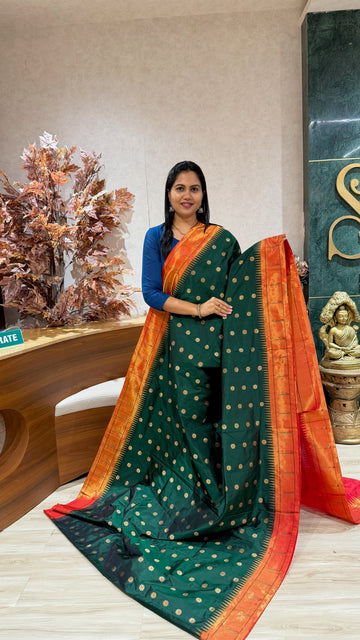 Pure silk paithani dark bottle green
