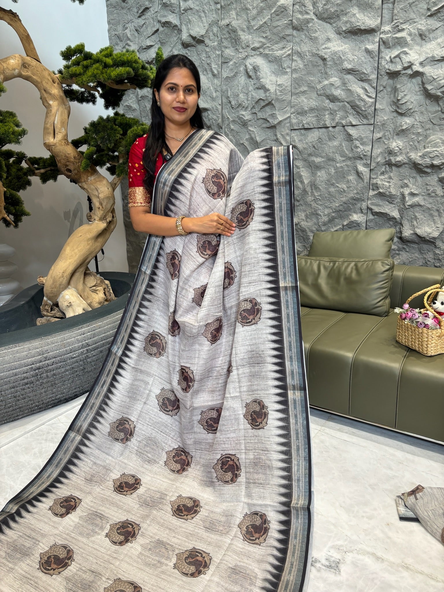 Grey linen single peacock design