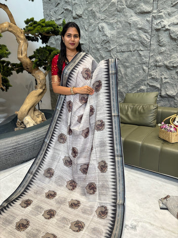 Grey linen single peacock design