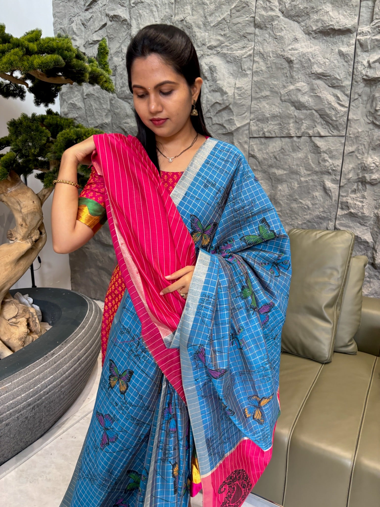 Fancy tussar blue pink