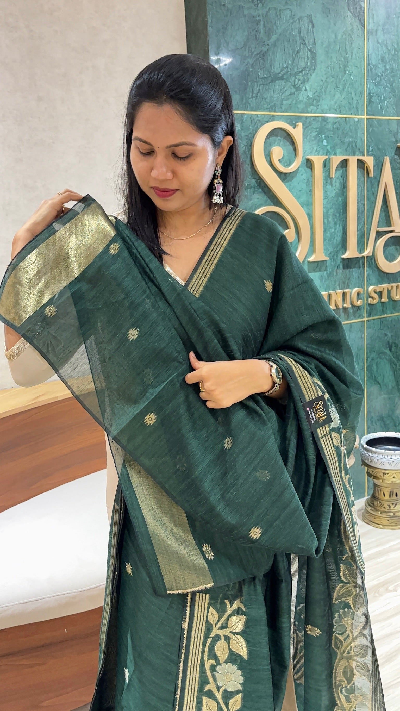 Linen tussar jhamdani dark green