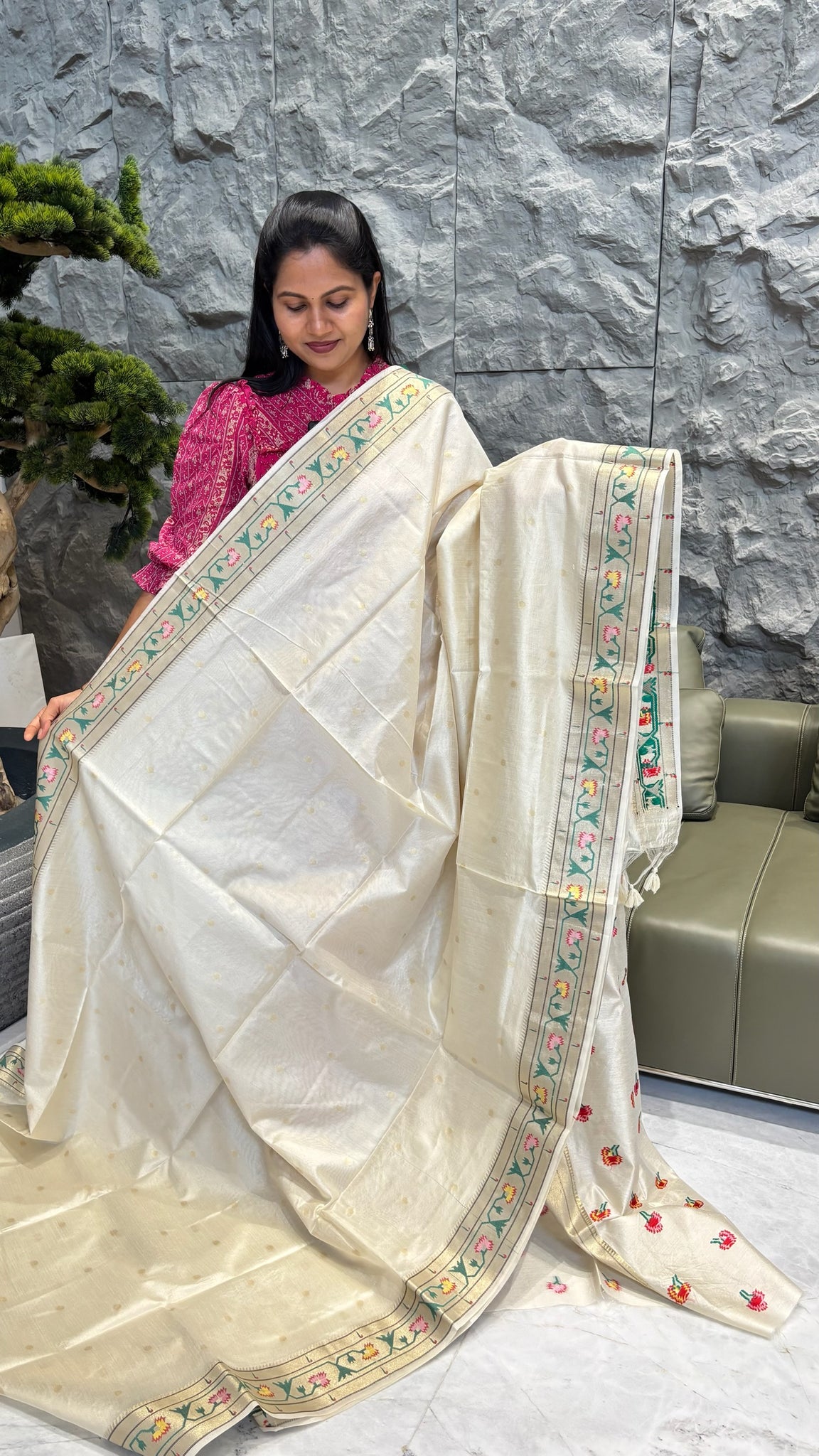 Tussar paithani creamwhite