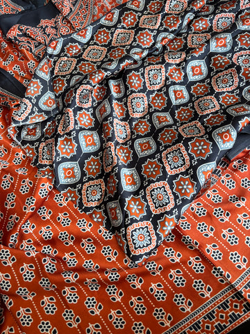 Rust ajrakh saree