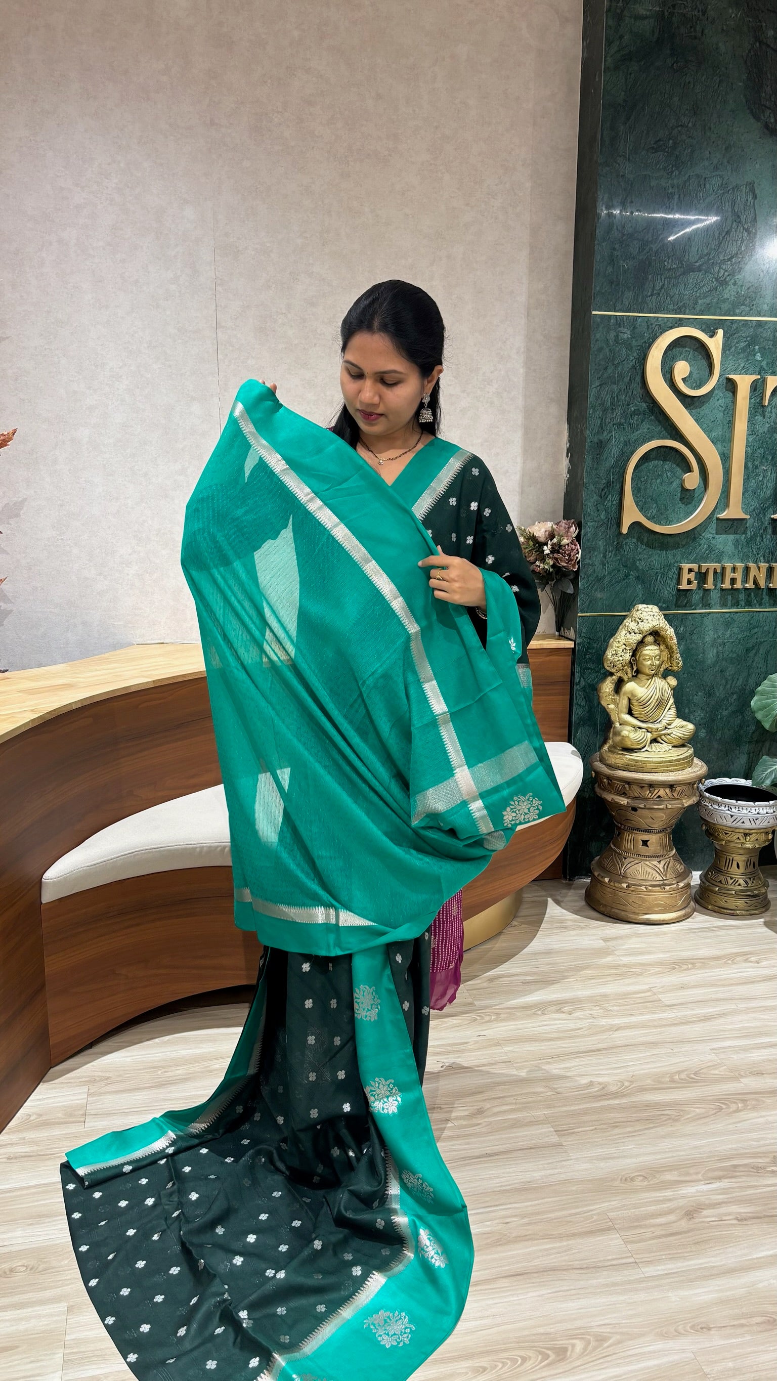 Raw silk banaras bottle green