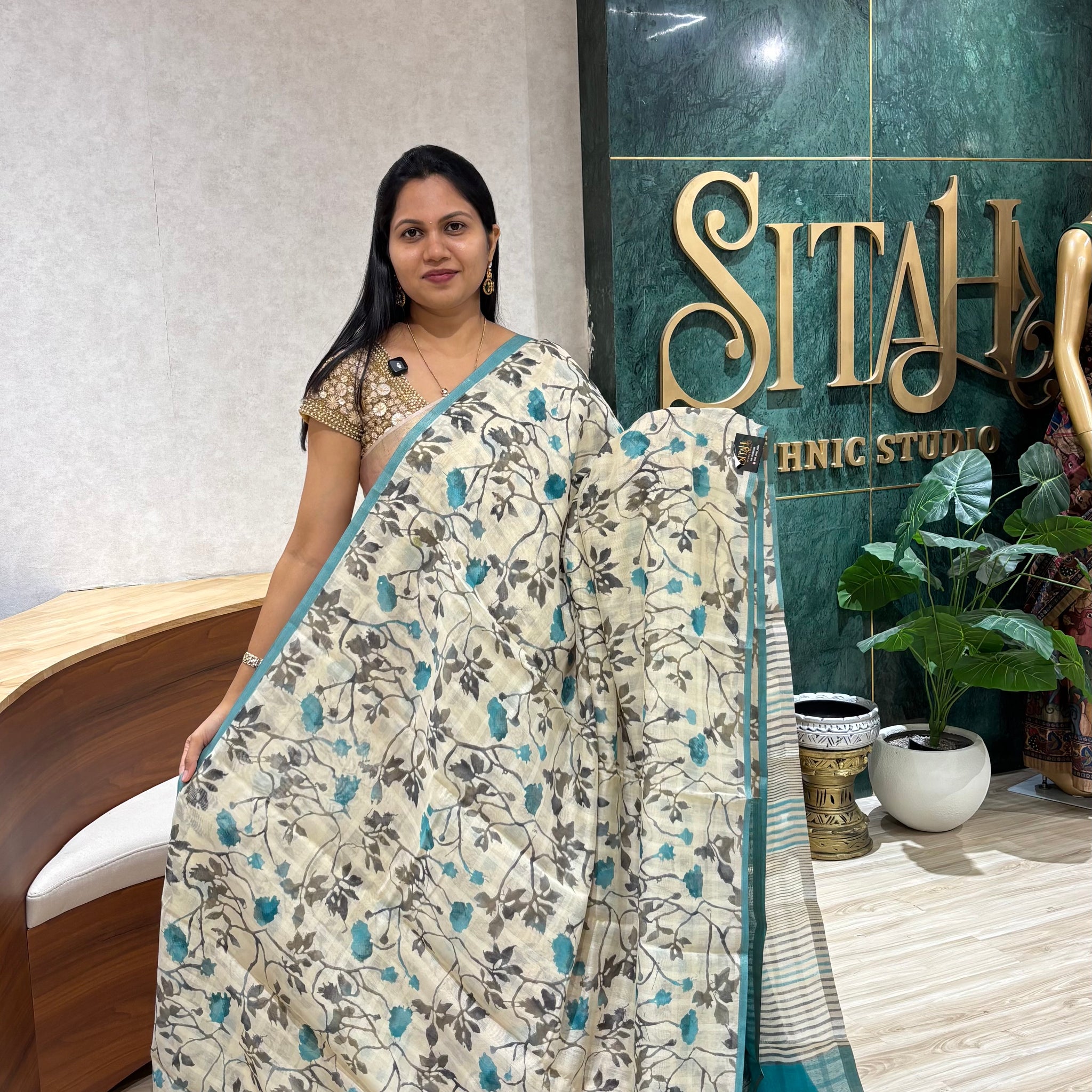 Casual printed tussar saree sea green