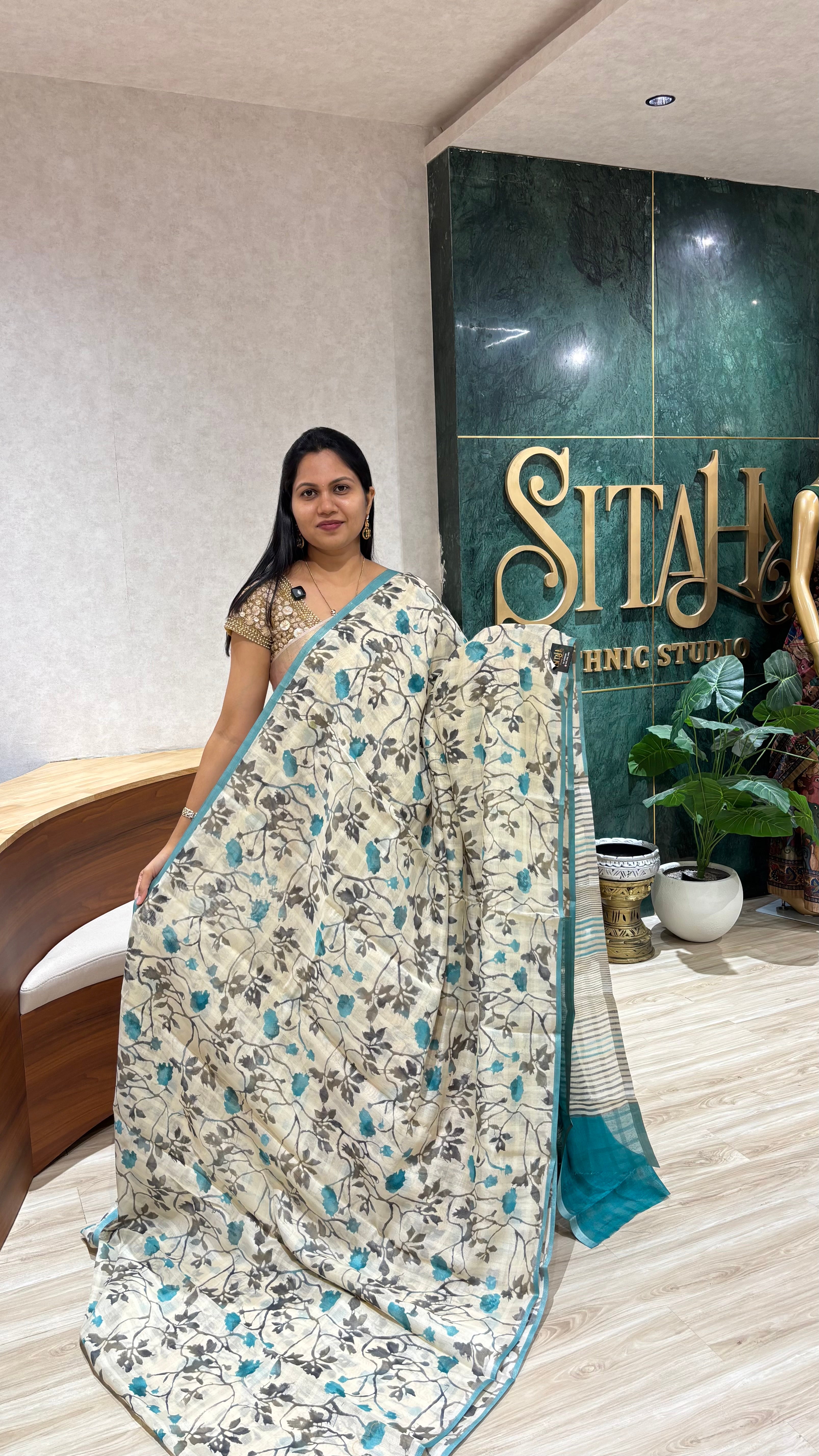 Casual printed tussar saree sea green