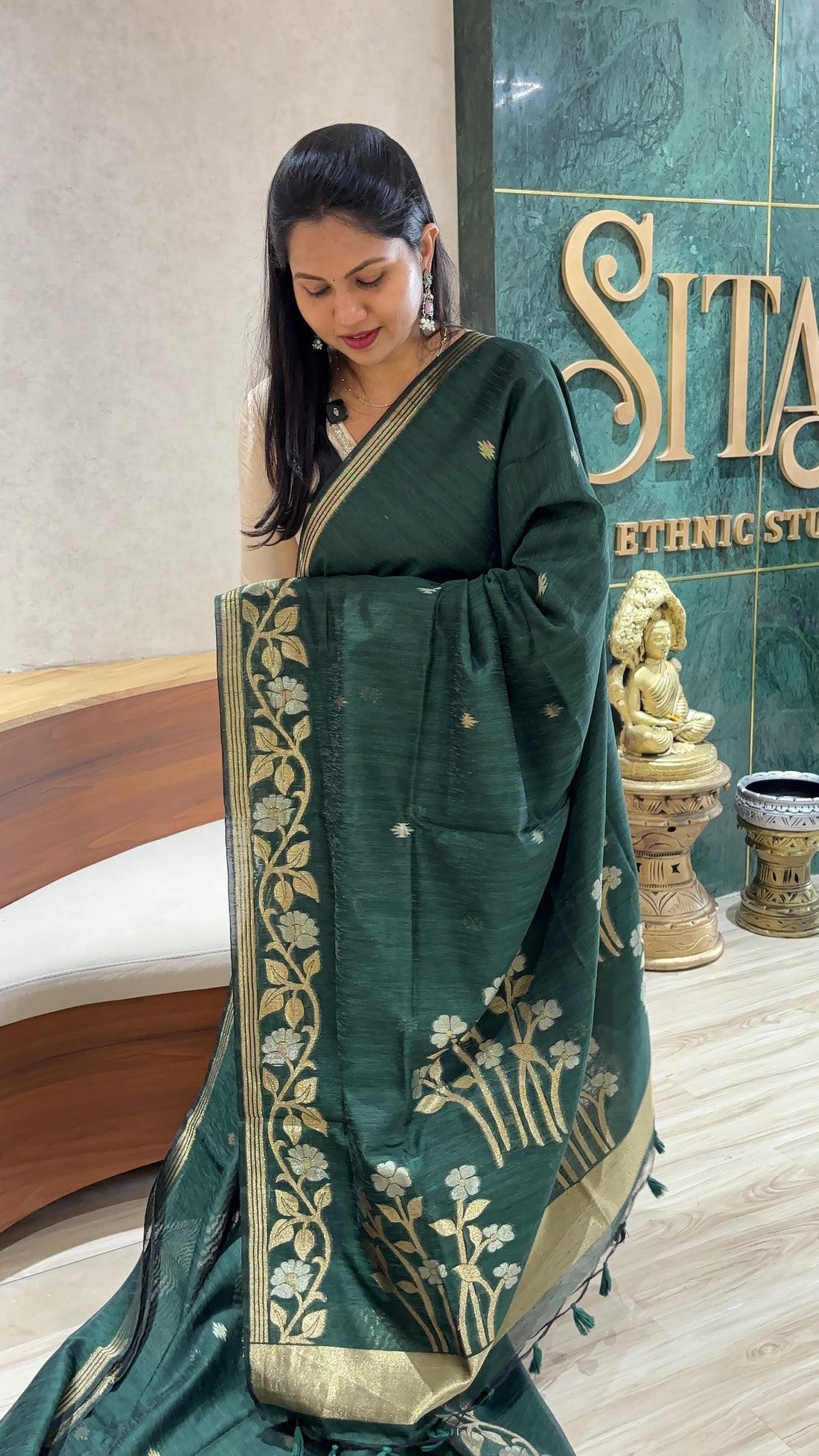 Linen tussar jhamdani dark green