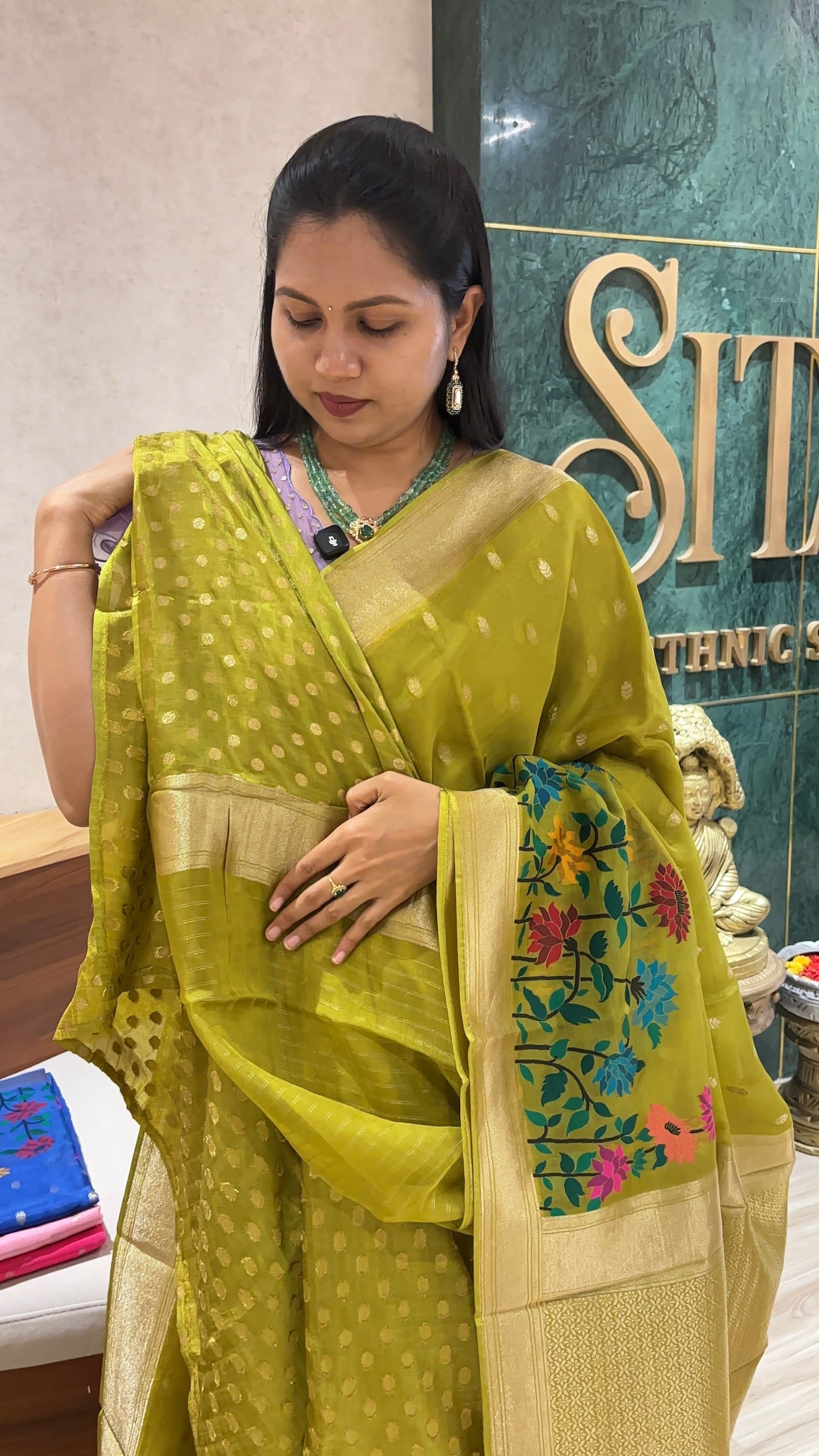 Crepe organza mehndi green