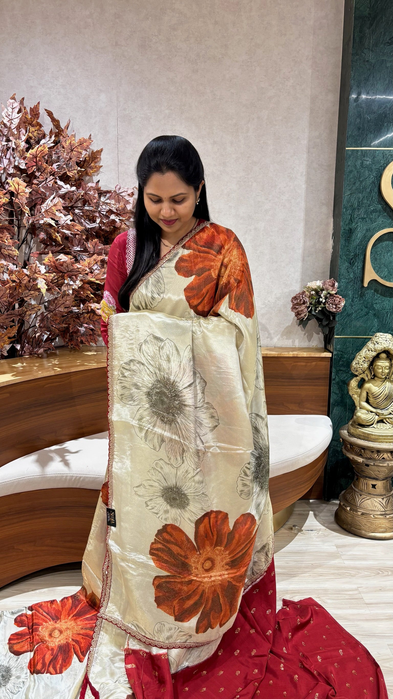 Georgette work borders rust flowers