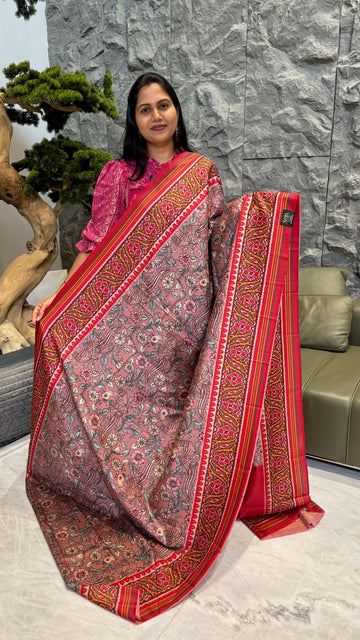 Tussar kalamkari patola peach - peacock design