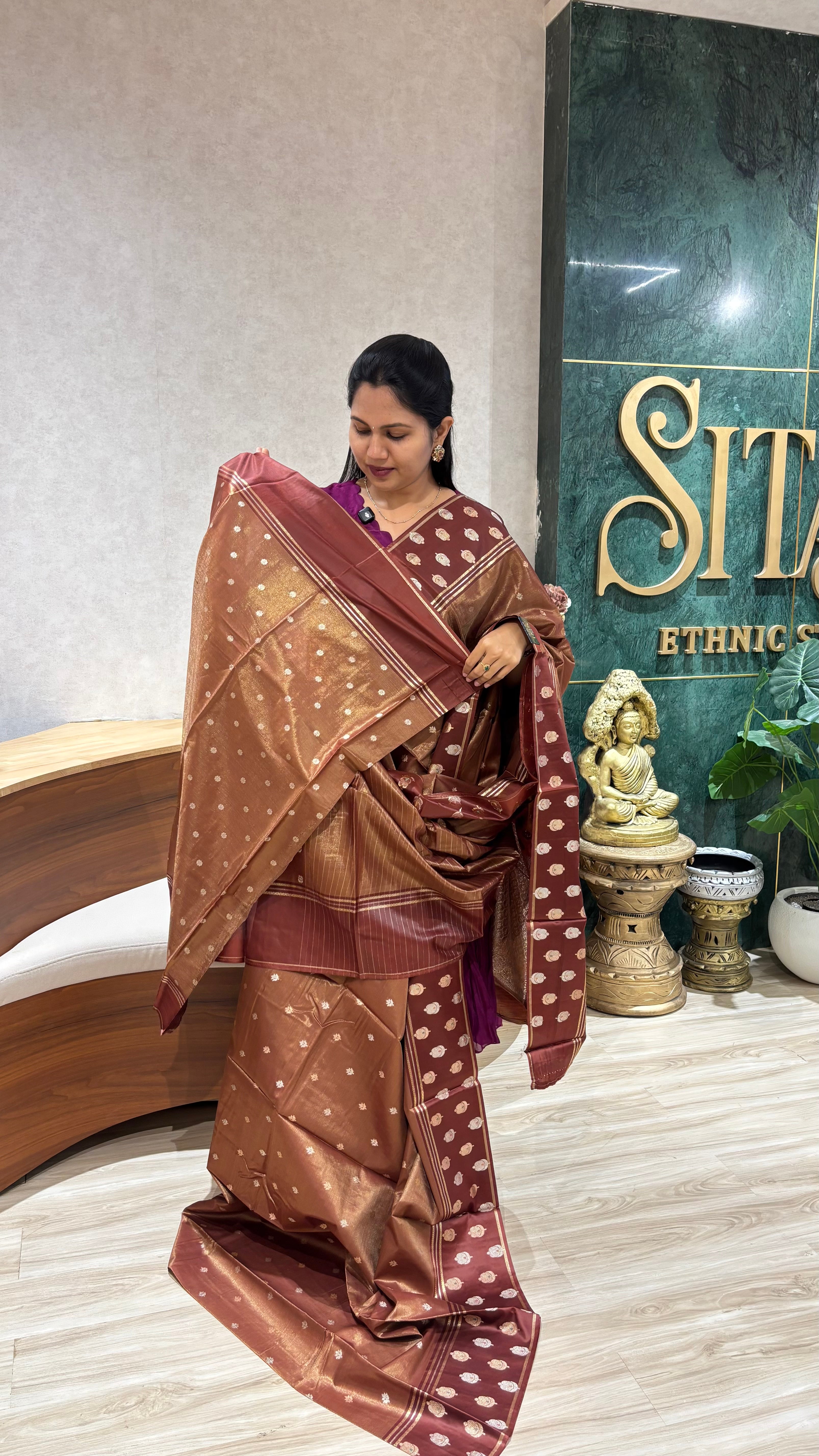 Tissue with mashru satin border earthy brown