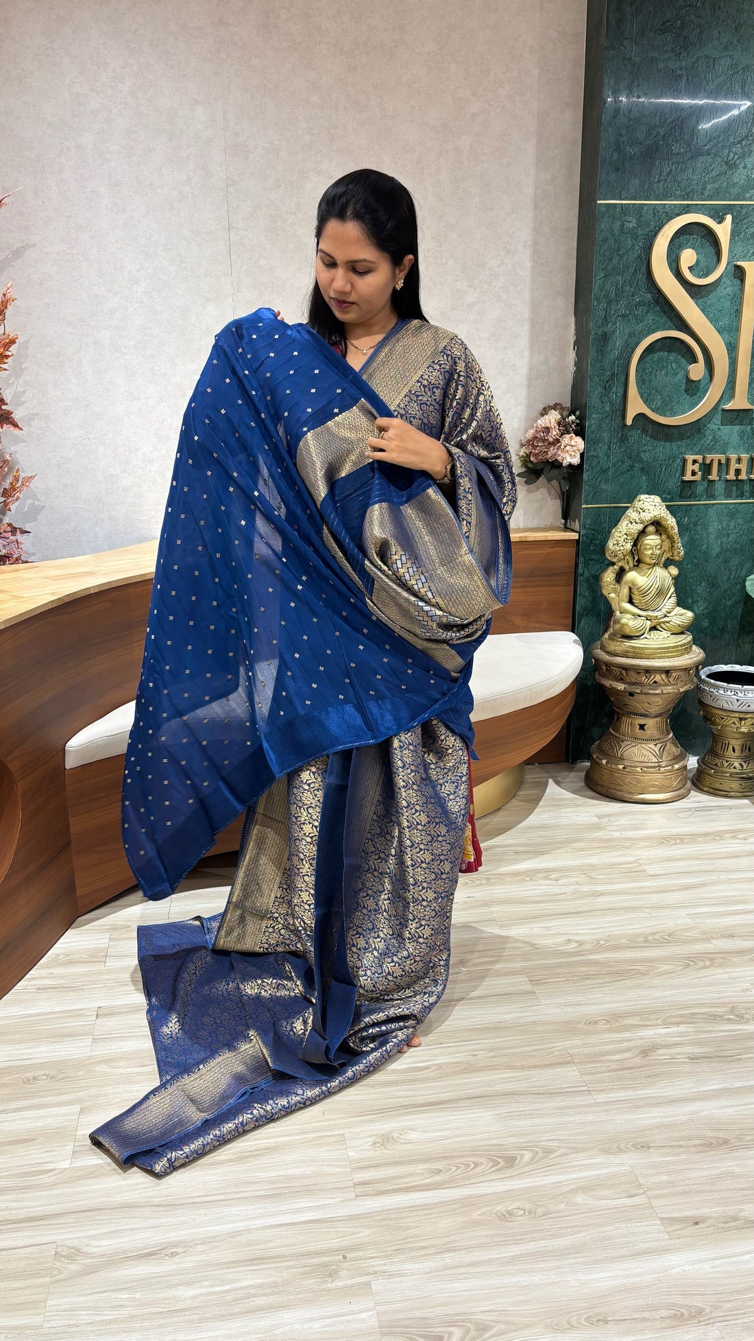 Crepe brocade silk blue