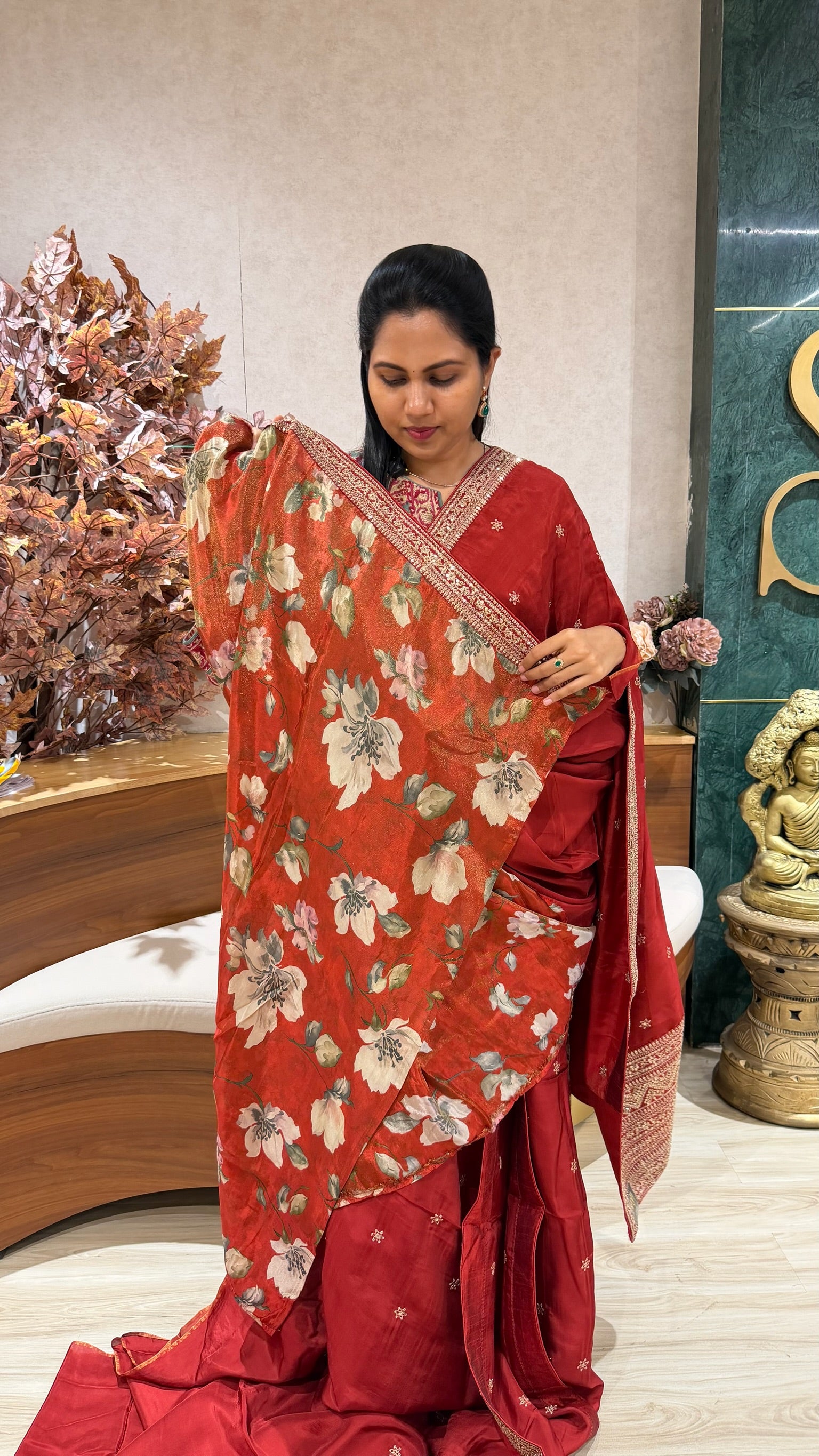 Chinnon crepe work saree red